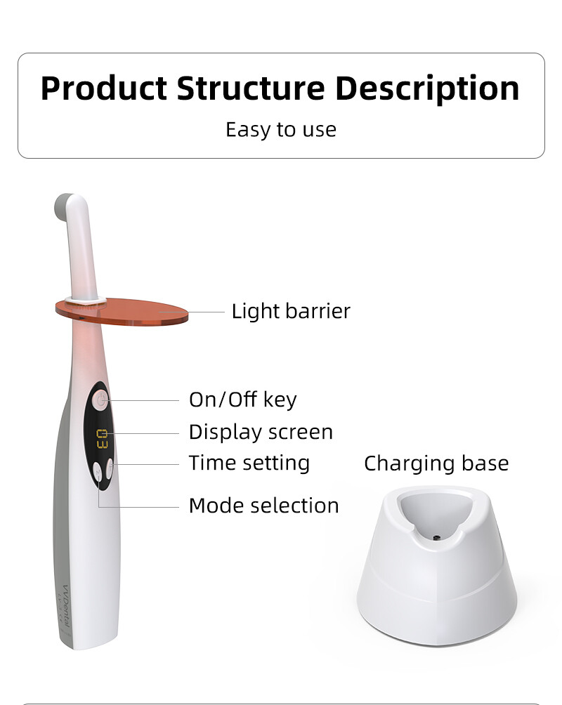 Dental Wireless Cordless LED Cure Curing Light Lamp 2200mw 1 Second Resin Cure