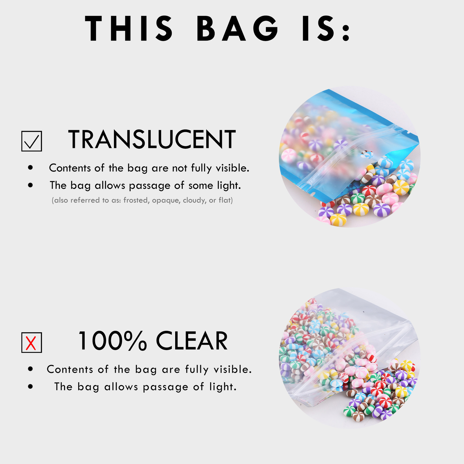100 Flat Translucent/Black Mylar QuickQlick™Bags w/Hang Hole in Variety of Sizes