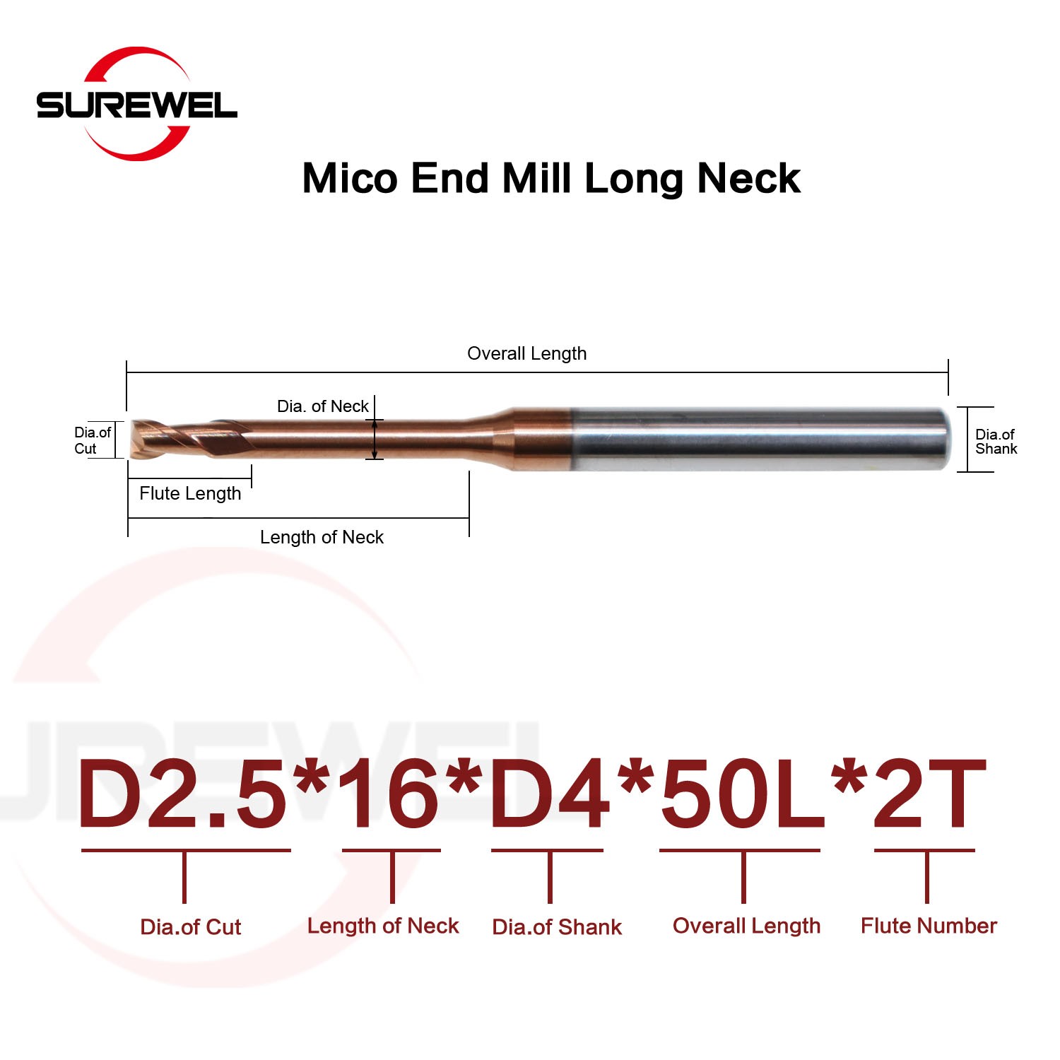 2 Flute Carbide Long Neck Milling Micro Diameter End mill 0.2mm to 3mm CNC tools