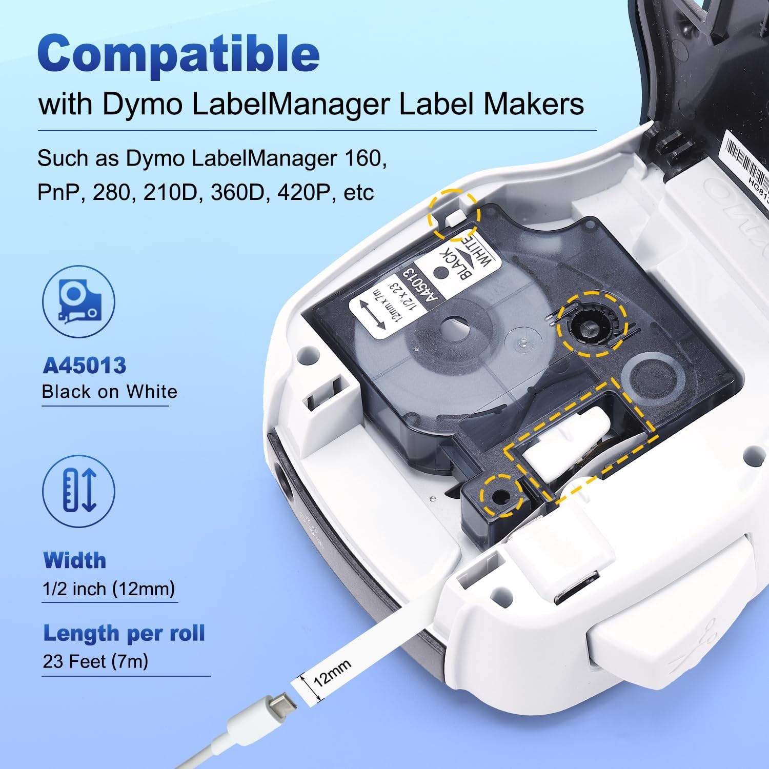 5PK For Dymo D1 Black on White S0720530 Label Tape Cassette 45013 1/2″ 12mm 160