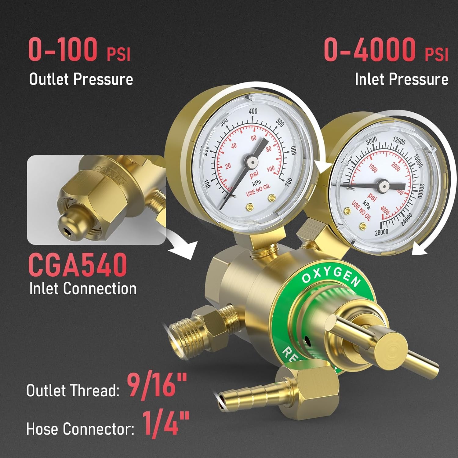 Oxygen Regulator CGA540 0-4000PSI 0-100PSI Gauges with T-Handle & Hose Connector