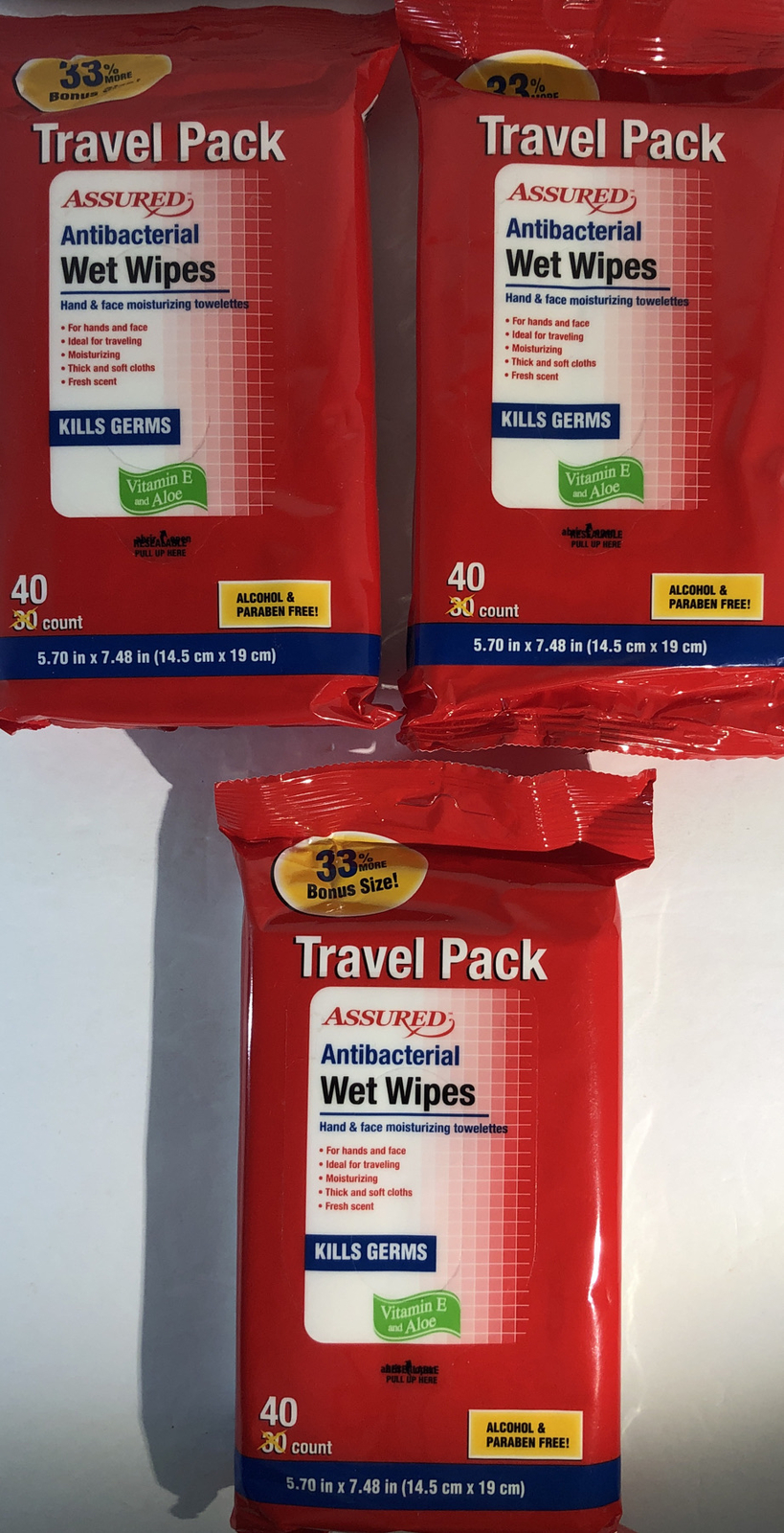3pk 40ea =120 Total Assured Wet Wipes Cloths Travel Pk W Vitamin E + Aloe-SHIP24