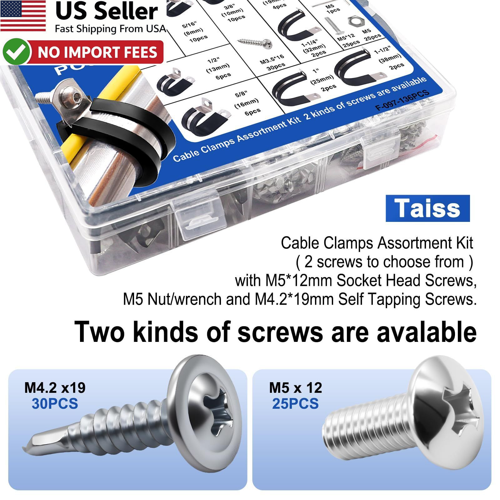 Taiss 222PCS Stainless Steel Cable Clamps Kit Rubber Cushion Pipe Clamps FROMUSA