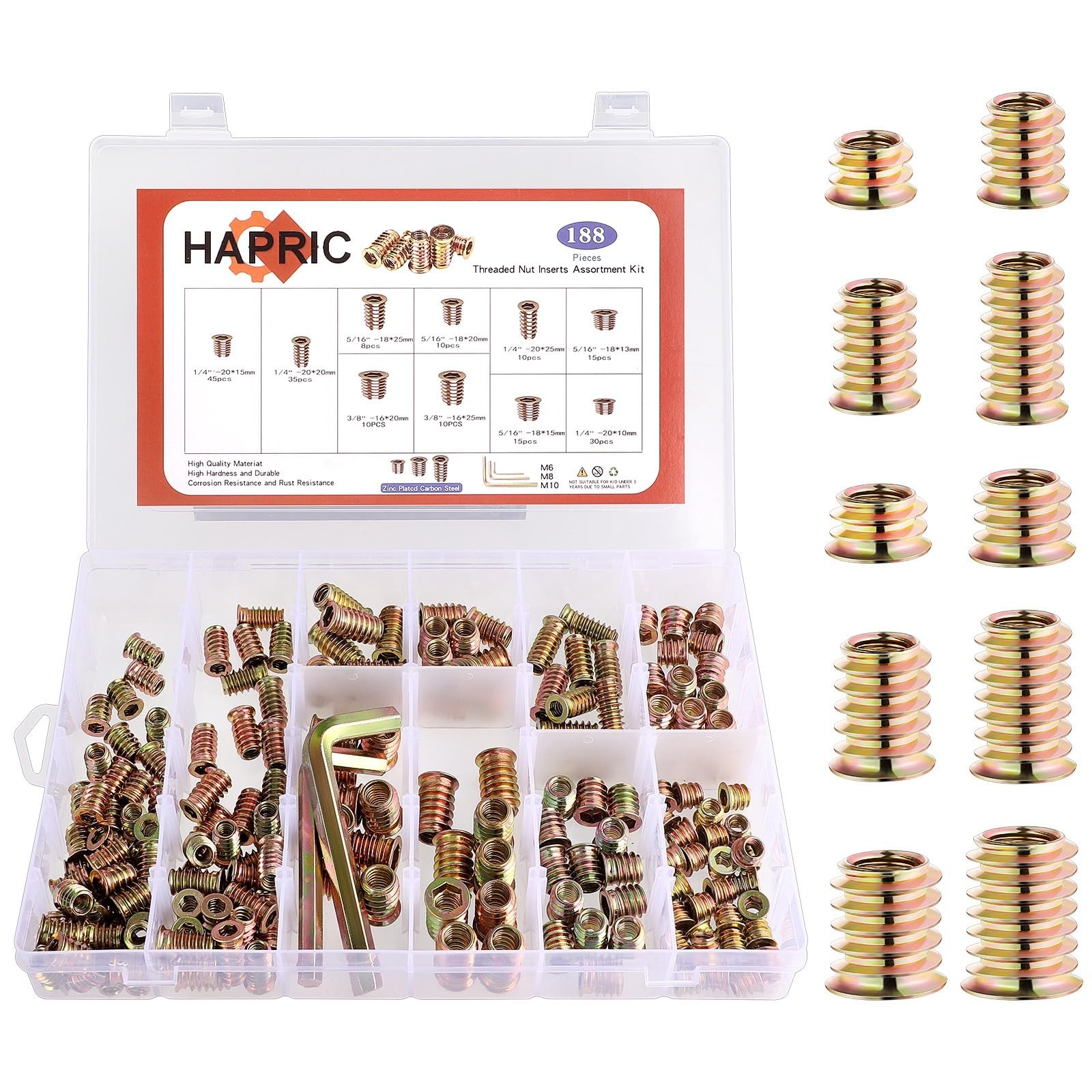 191 Pcs Wood Threaded Inserts Set with Hex Wrench – 10 Sizes, Durable & Versatil