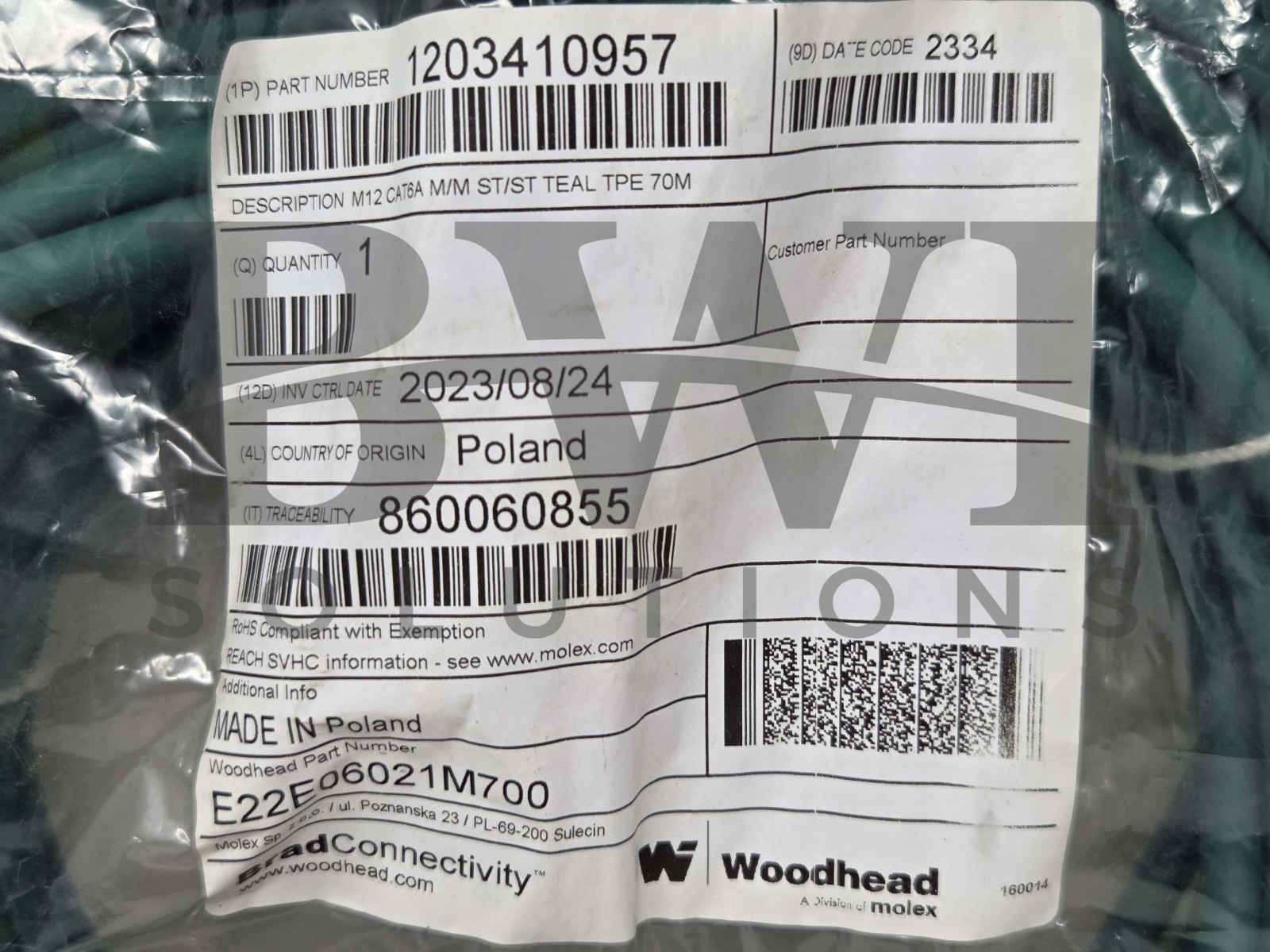 NEW Brad Connectivity Molex 1203410957 M12 CAT6A M/M ST/ST TPE 70M E22E06021M700