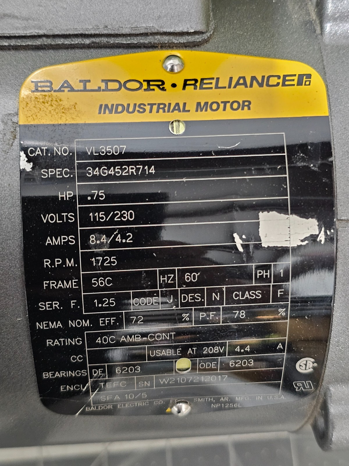Baldor Reliance VL3507 Industrial Motor 56c 1ph 3/4hp 1725rpm 115/230v-ac