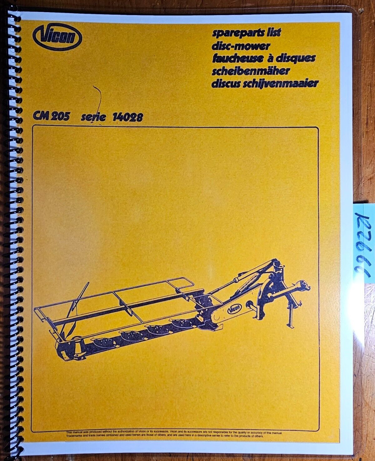 Vicon CM205 Series 14028 Disc Mower Parts Manual 70.001.940