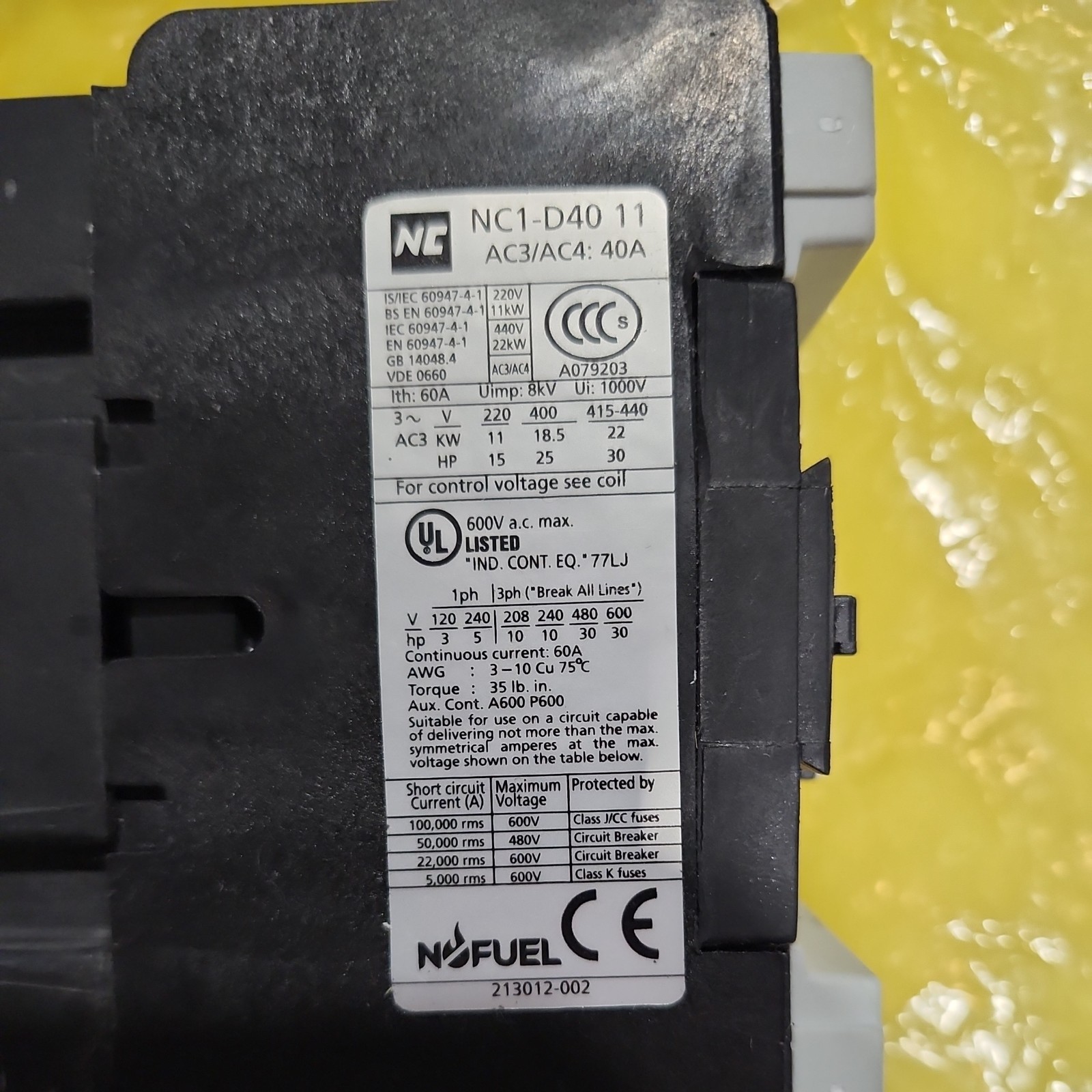 NOFUEL NC1 D40 11 F7 Contactor NC1D4011 Replaces LC1-D4011-F7 120V Coil