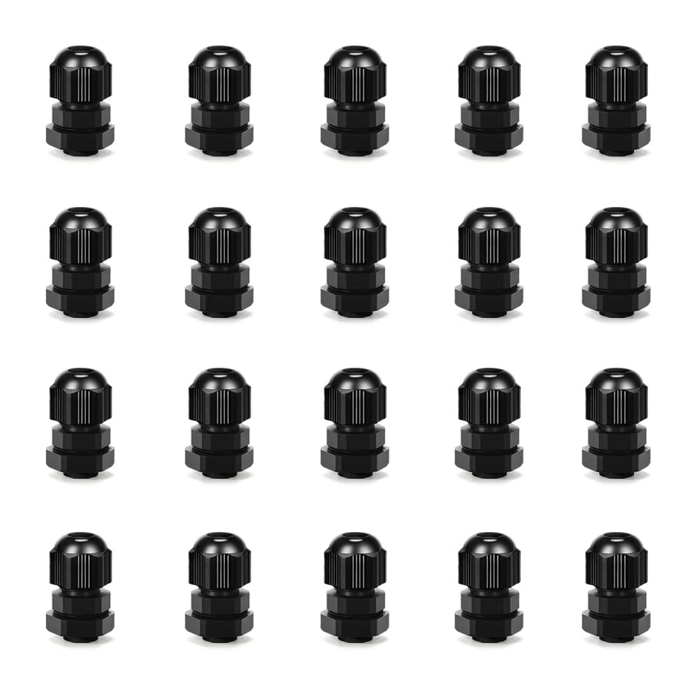 Cable Gland 20 Pack PG7 Waterproof Adjustable Connectors 3-7mm Nylon Joints