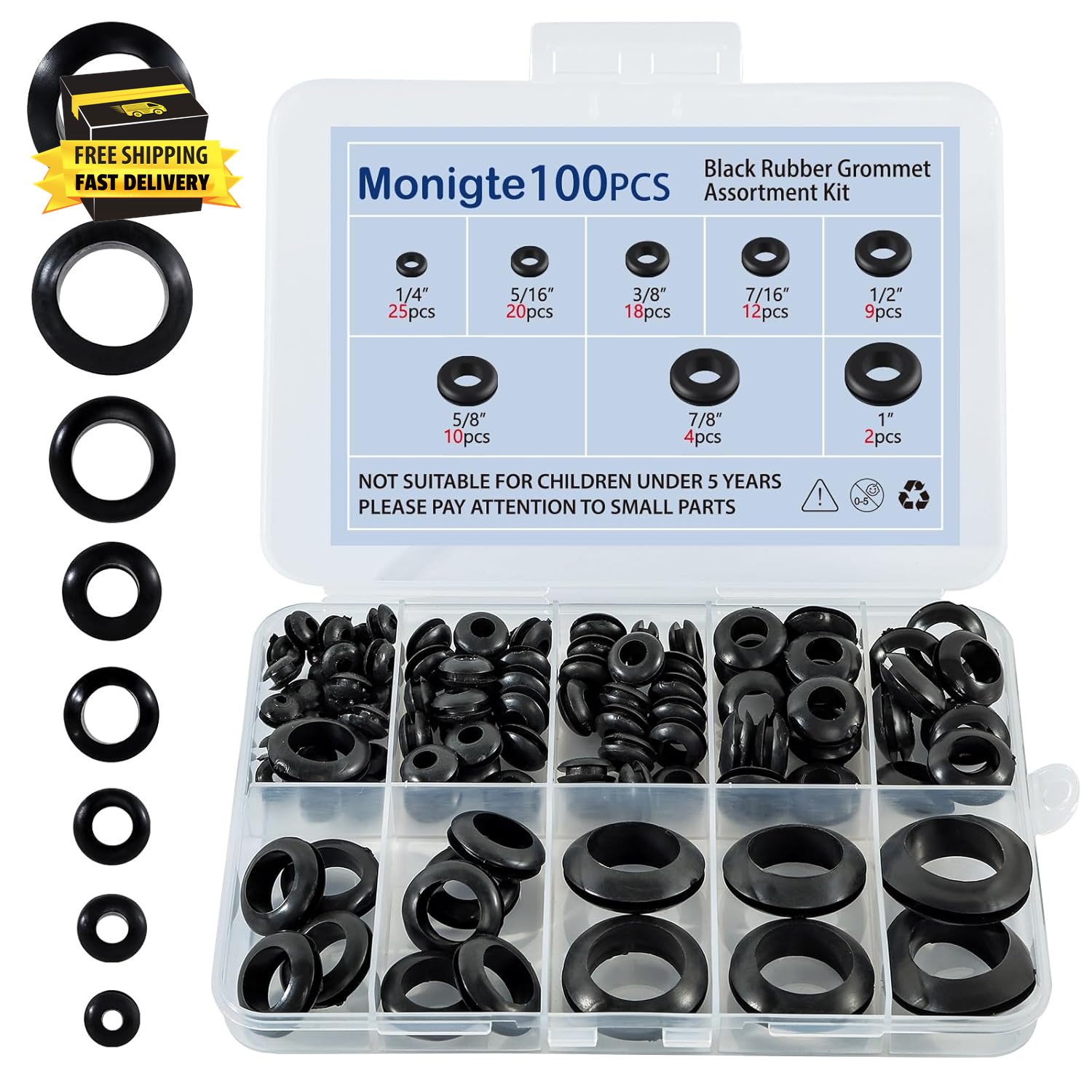 100PCS Rubber Grommet Kit, 8 Sizes Hollow Firewall Hole Plug Assortment, Rubber