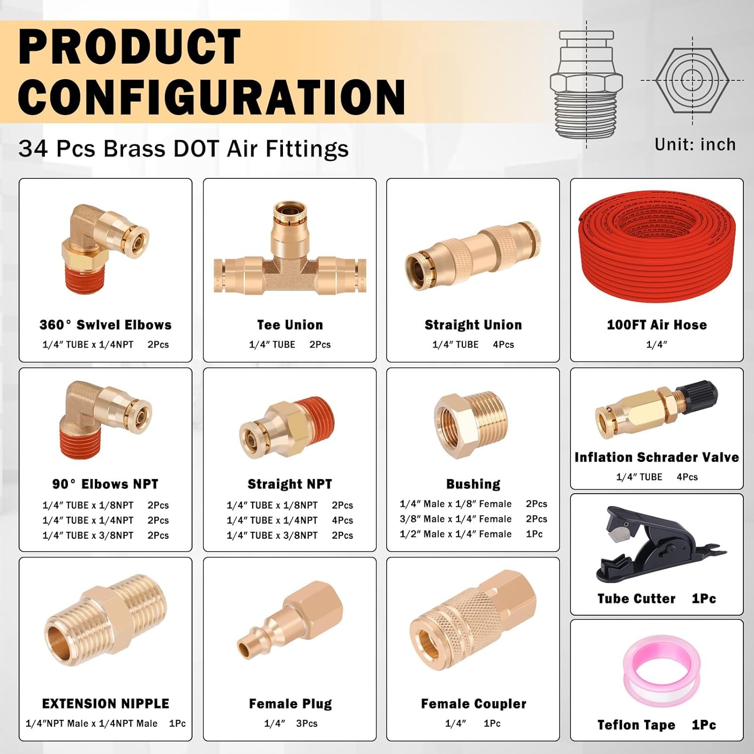 100FT 1/4″ DOT Air Line 34Pcs Brass DOT Air Line Fittings Kit 30.5M Red Air Line