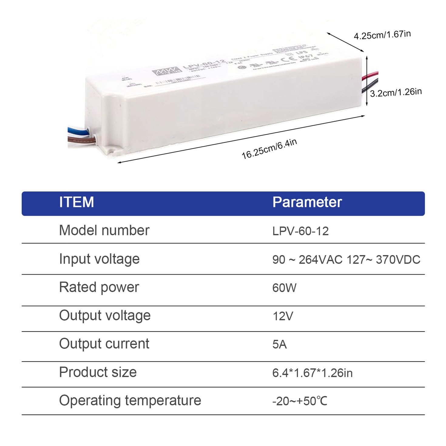 MEAN WELL 60W LPV-60-12 Sealed Panel Mount LPV Series AC-DC 12-volt 5-Amp Power