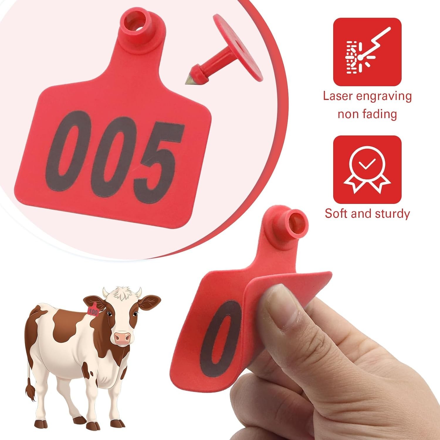 Cattle Ear Tag Applicator Kit with 100 Small Red Tags for Animal Identification