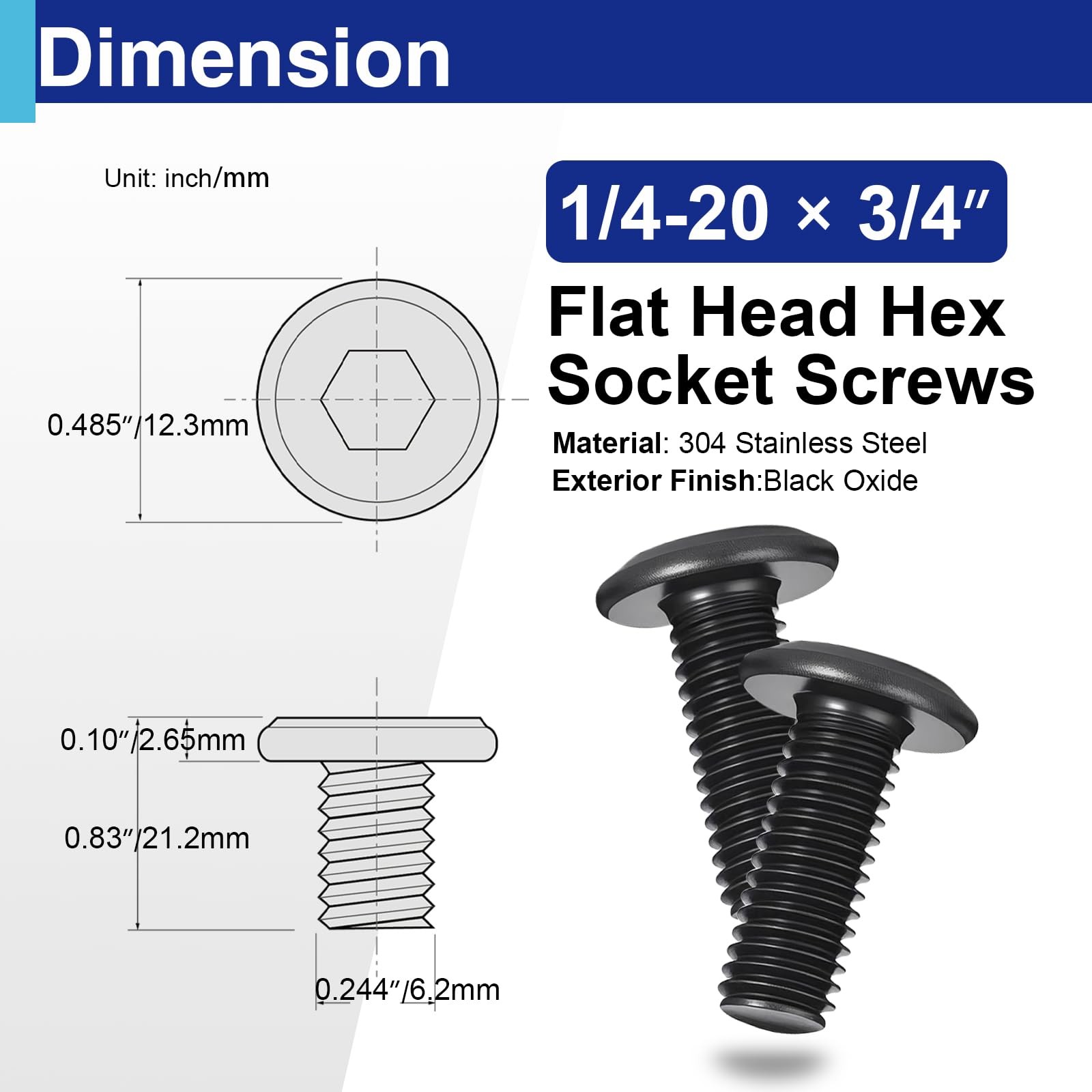 30 Pcs 1/4″-20 x 3/4″ Flat Head Socket Cap Screws Bolts, 304 Stainless Steel,