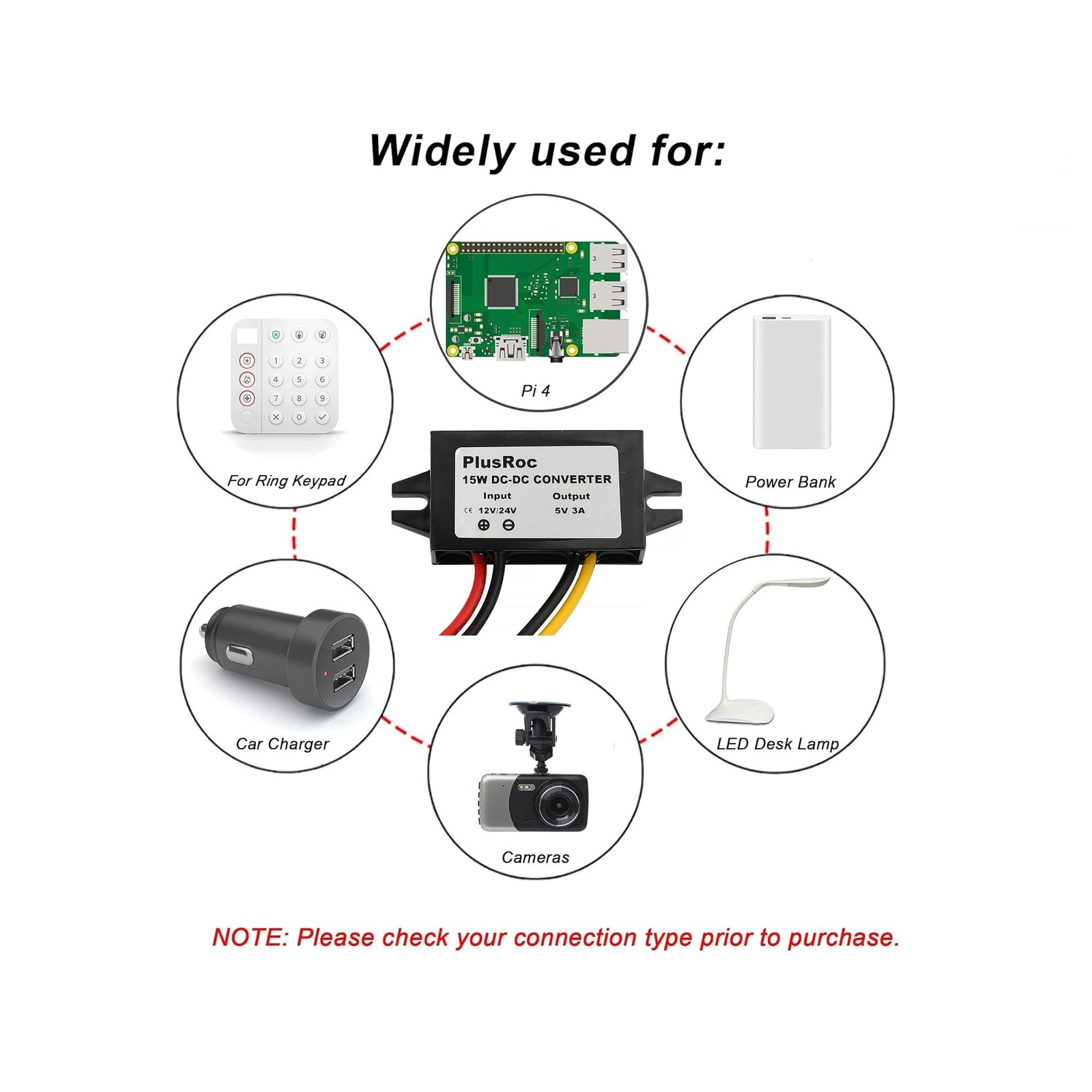 Waterproof DC 12V/24V to 5V 3A Converter, 5.5×2.1mm DC Male Plug