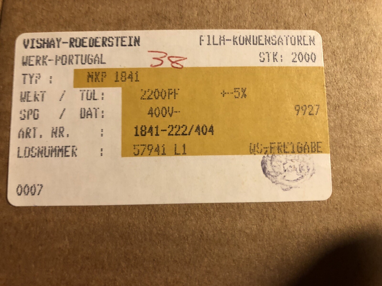 LOT OF 100 – Vishay .0022uf (0.0022uf, 2200pf, 2.2nf) 400v 5% Film Capacitors