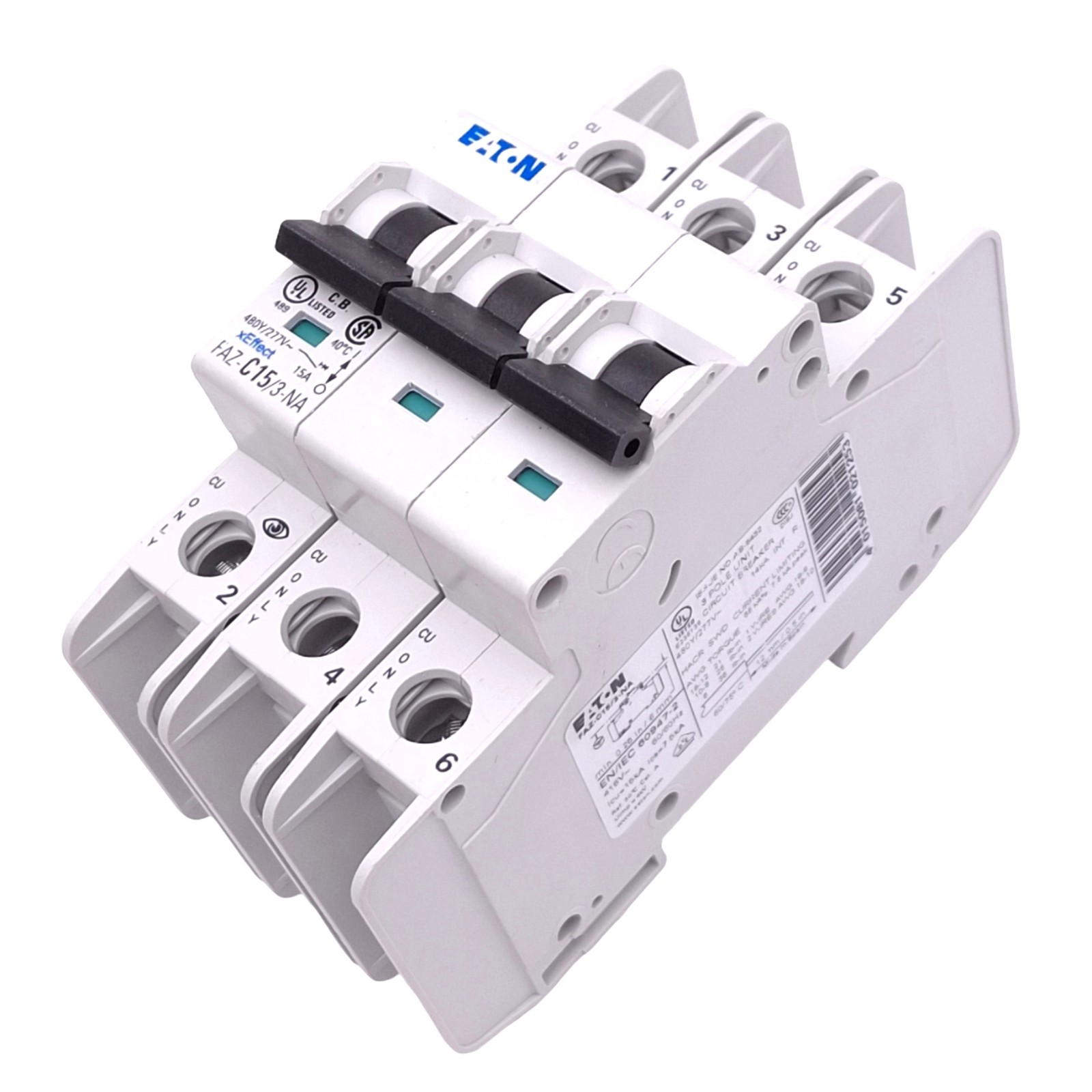 Eaton FAZ-C15/3-NA Circuit Breaker, 3-Pole, 15A, 480Y/277VAC Max, DIN Rail
