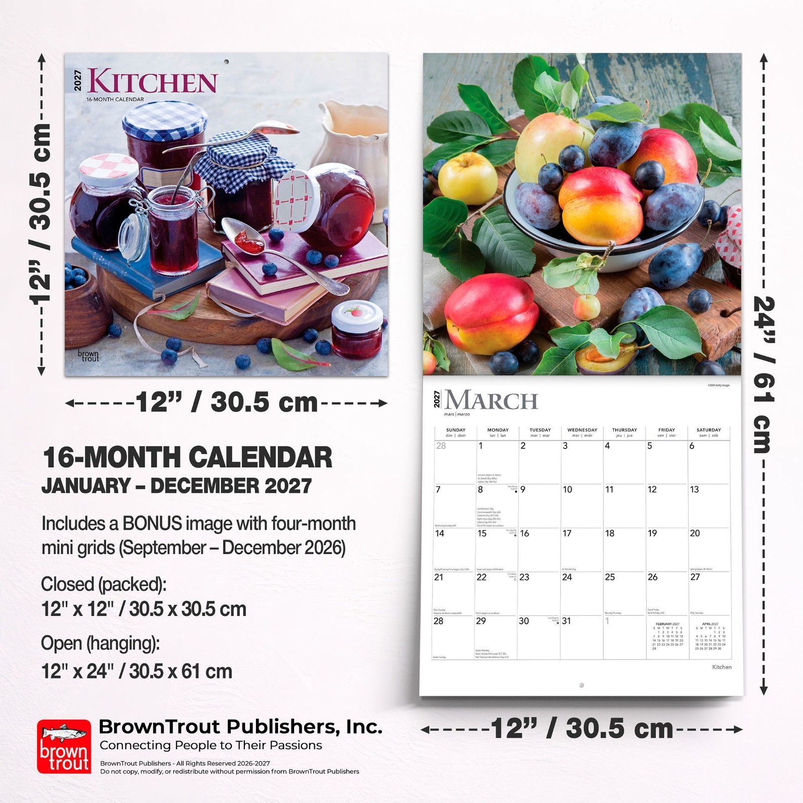 Kitchen | 2027 12×24″ (Hanging) Monthly Square Wall Calendar | Plastic-Free