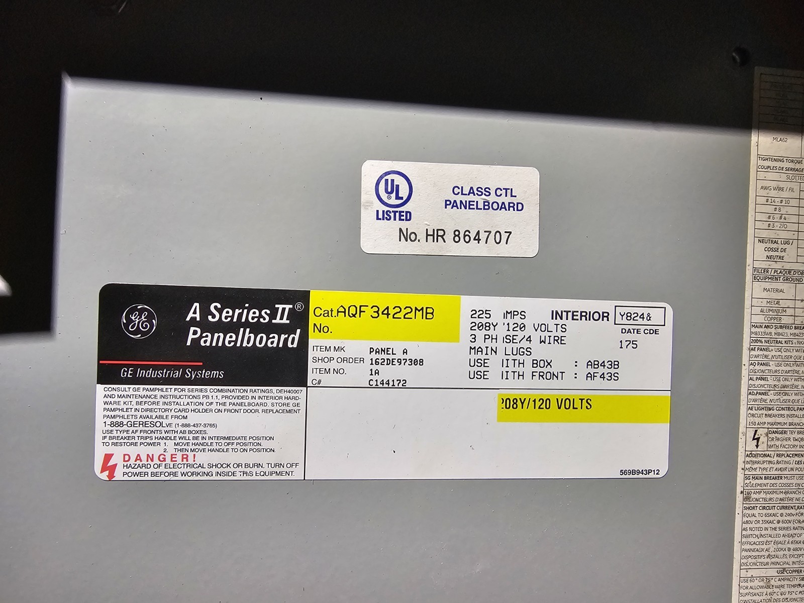 GE 200 Amp 208 Volt Panel with Breakers ADF3422MB main lug 3 Phase 4 Wire