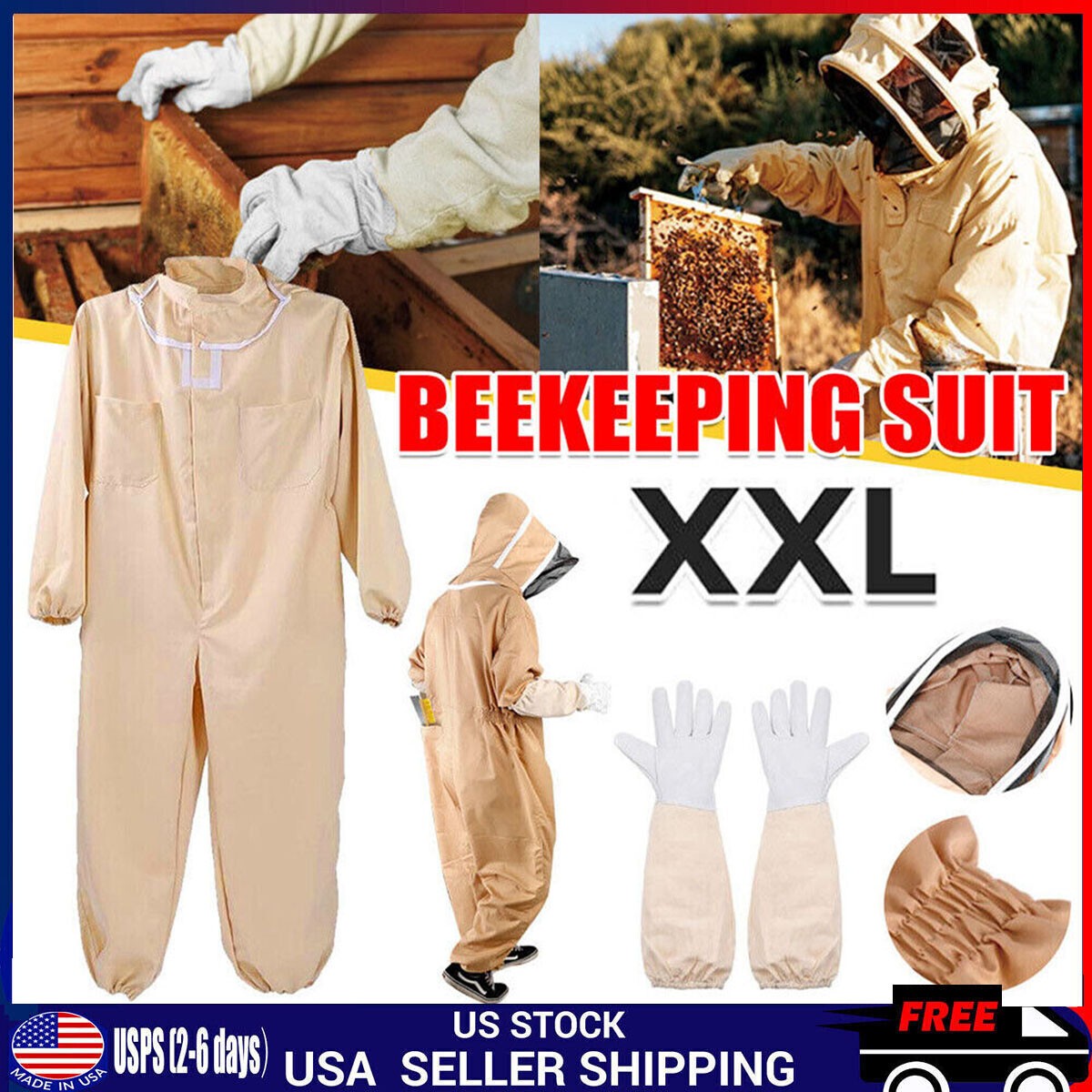 XXL Full Body Anti-bee Suit Cotton Beekeeping Clothing w/Veil Hood&Gloves Unisex