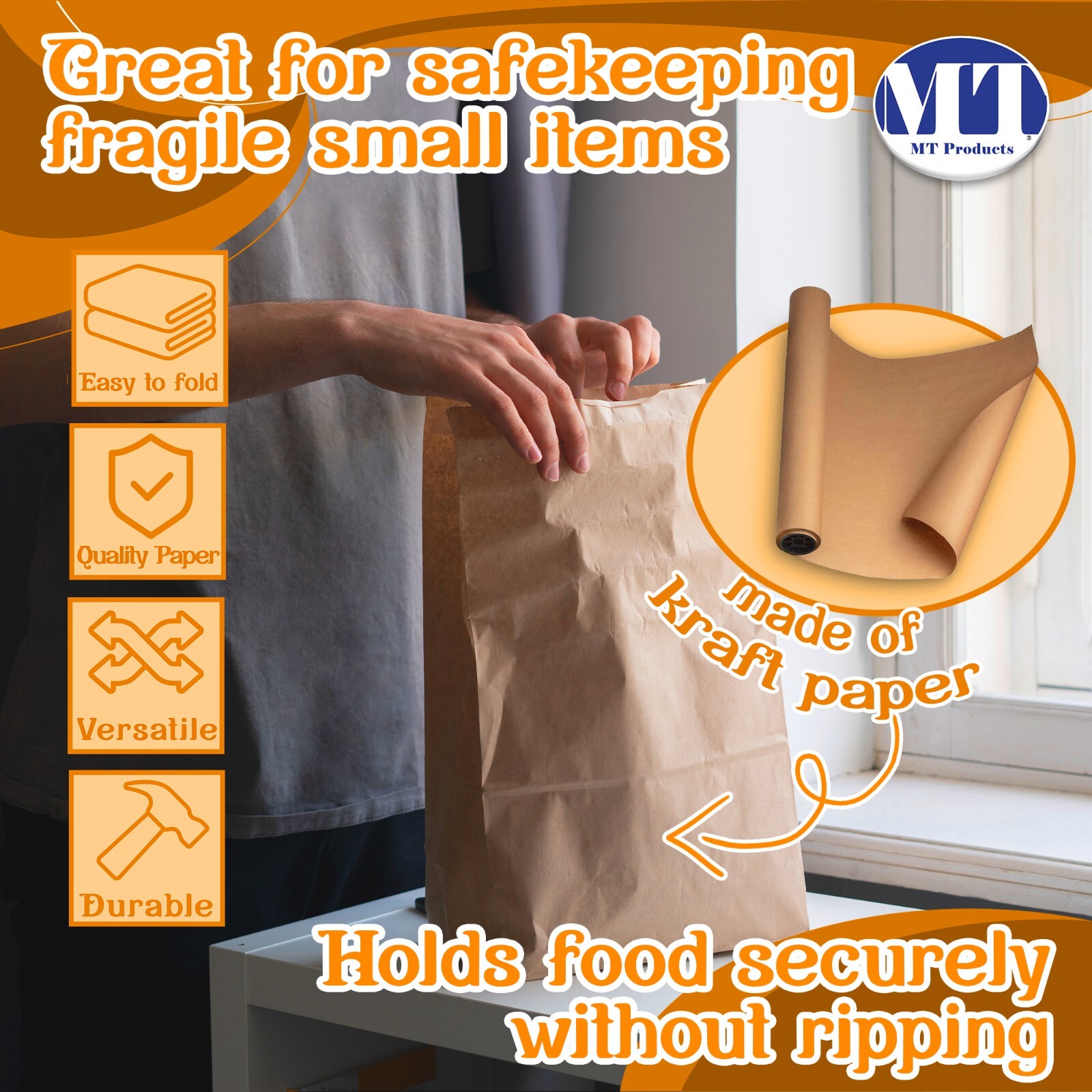 MT Products Brown Paper Bags – 8 lb Disposable Paper Lunch Bags – Pack of 100