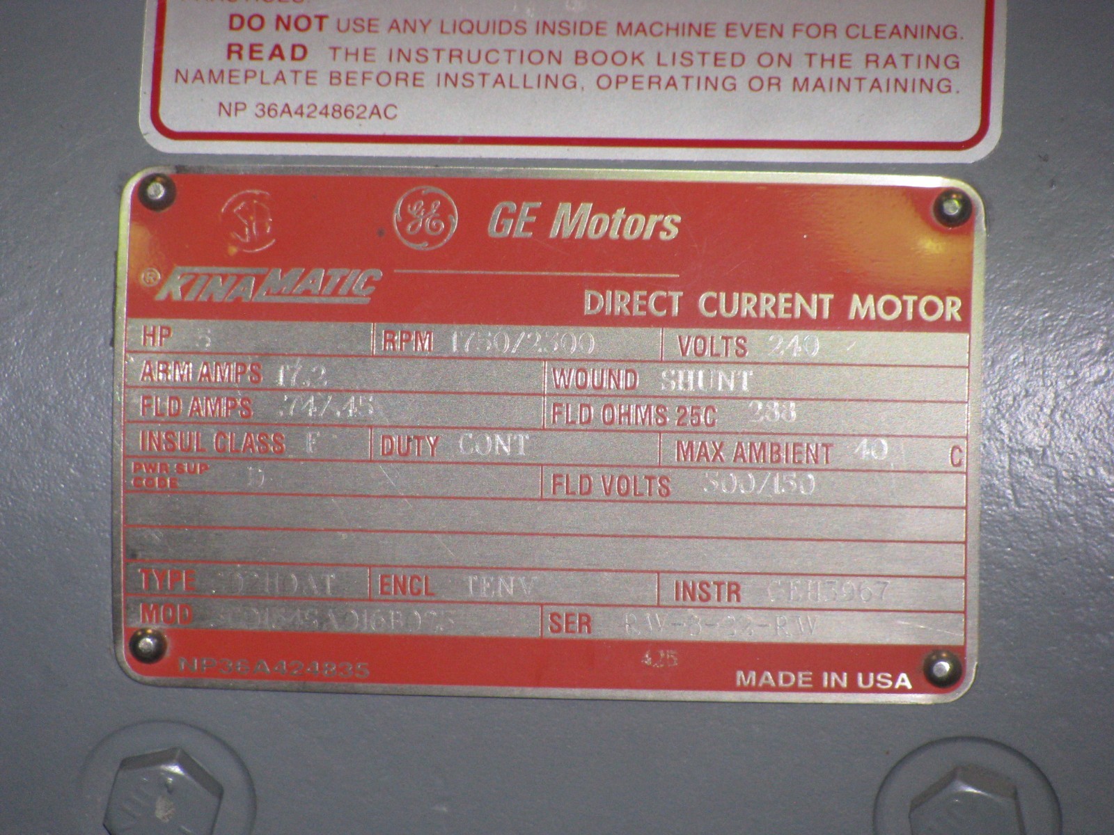 Refurbished GE Motors Kinamatic 5 HP DC Motor – Model # 5CD154SA016B023