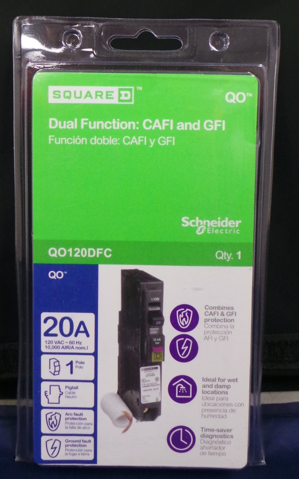 Square D QO120DFC ,20 Amp Single Pole Dual Function CAFCI & GFCI Circuit Breaker