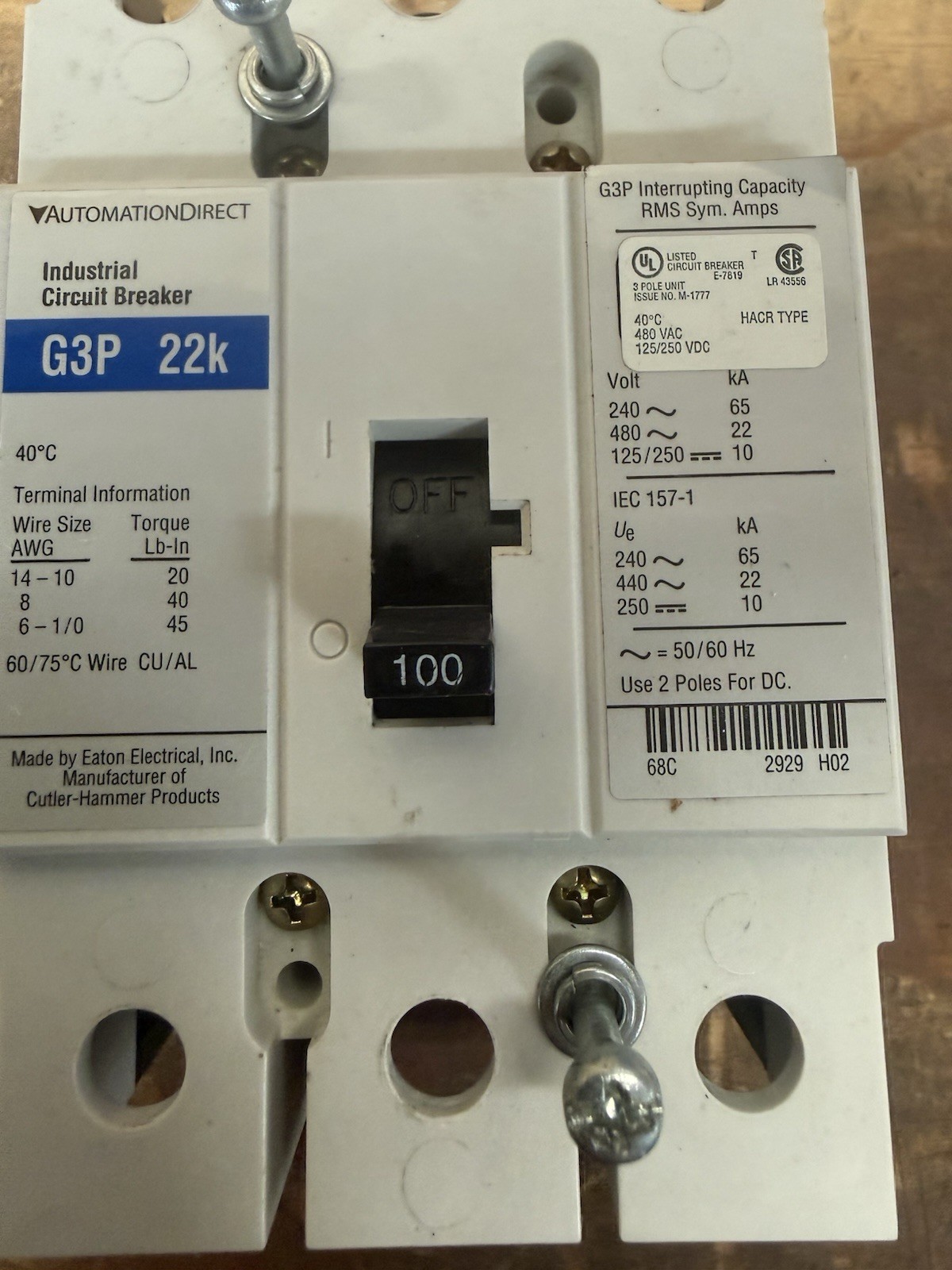 Automation Direct, G3P 22k 100Amp, Industrial Circuit Breaker, 100Amps, 3 Poles