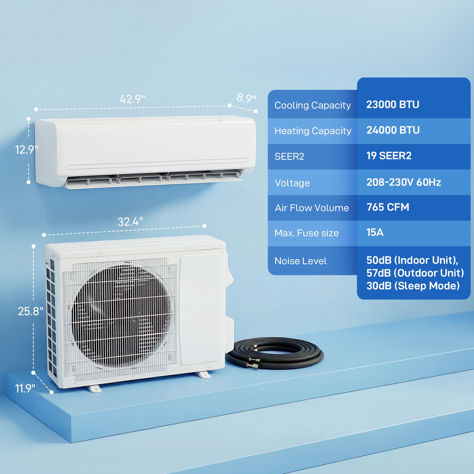 HOMCOM 23000 BTU Mini Split Air Conditioner, 19 SEER2 230V Ductless AC Unit