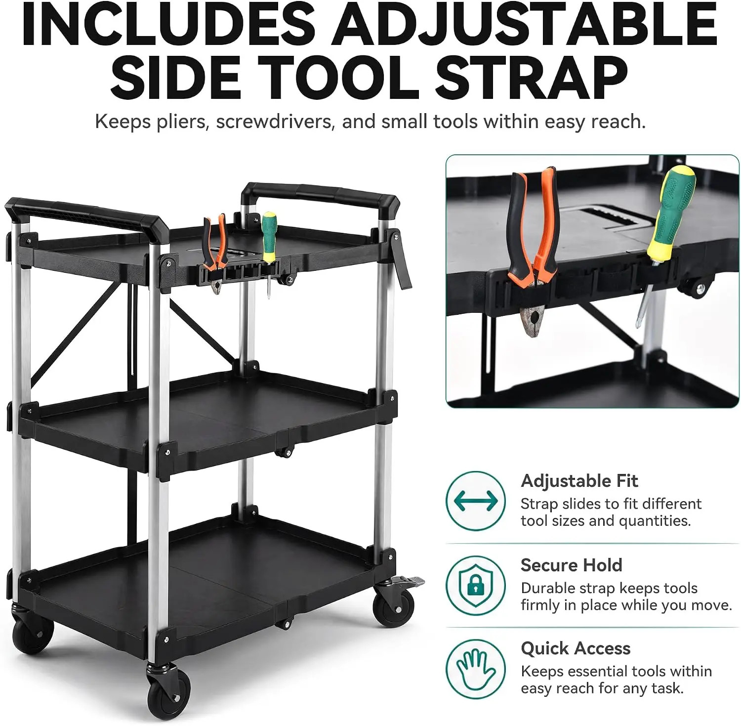 300 LBS 3 Tier Folding Service Cart Portable Cart w/Wheels&Tool Side Mount Strap