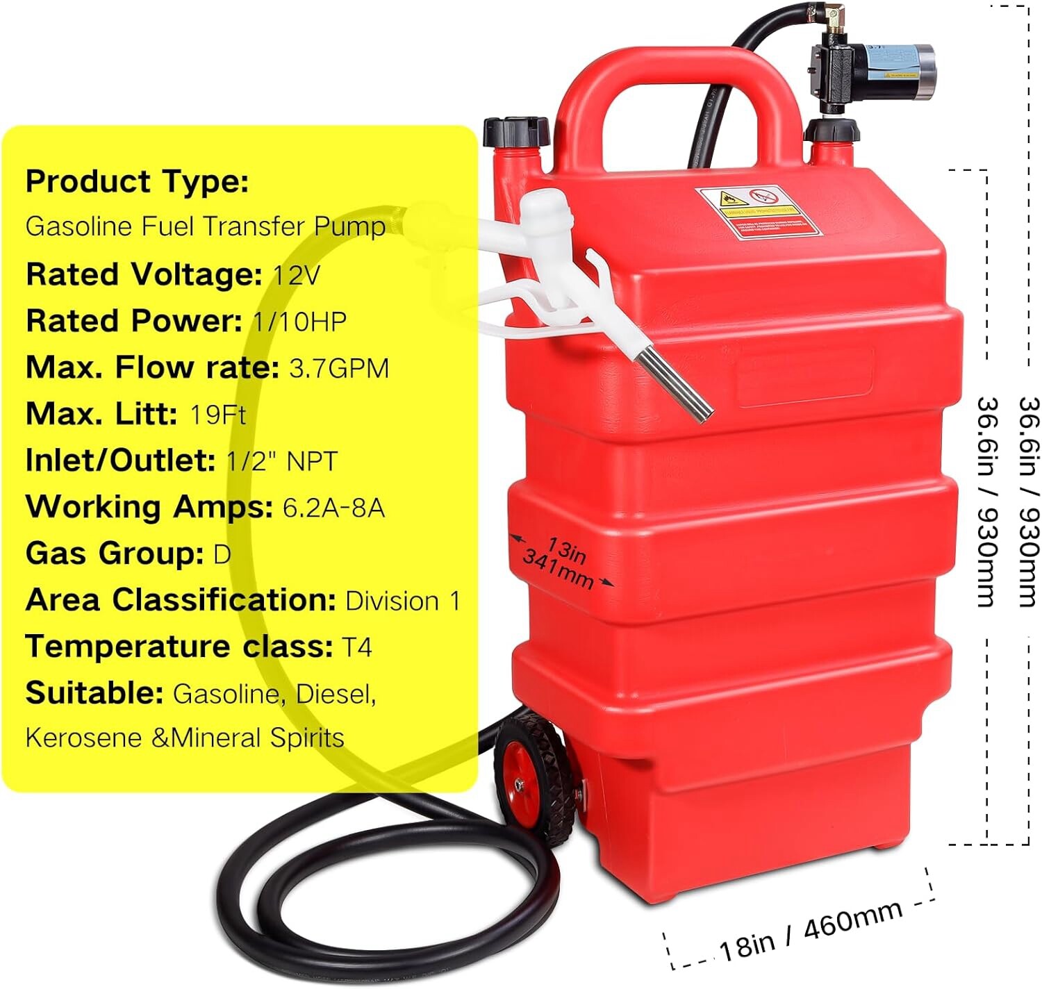 Red 16 Gallon 60L Portable Fuel Caddy Tank with 12V DC Electric Transfer Pump