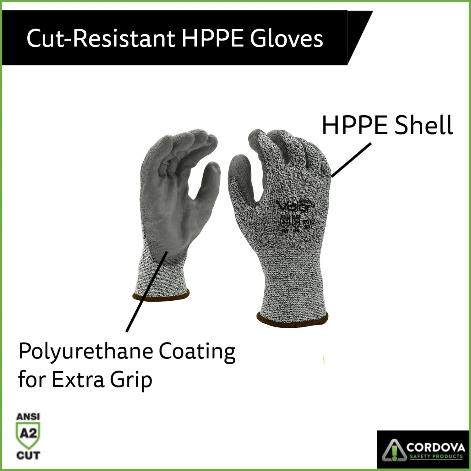 Cordova 3711G Valor Salt & Pepper 13-Gauge HPPE Shell Gloves, Gray Polyurethane