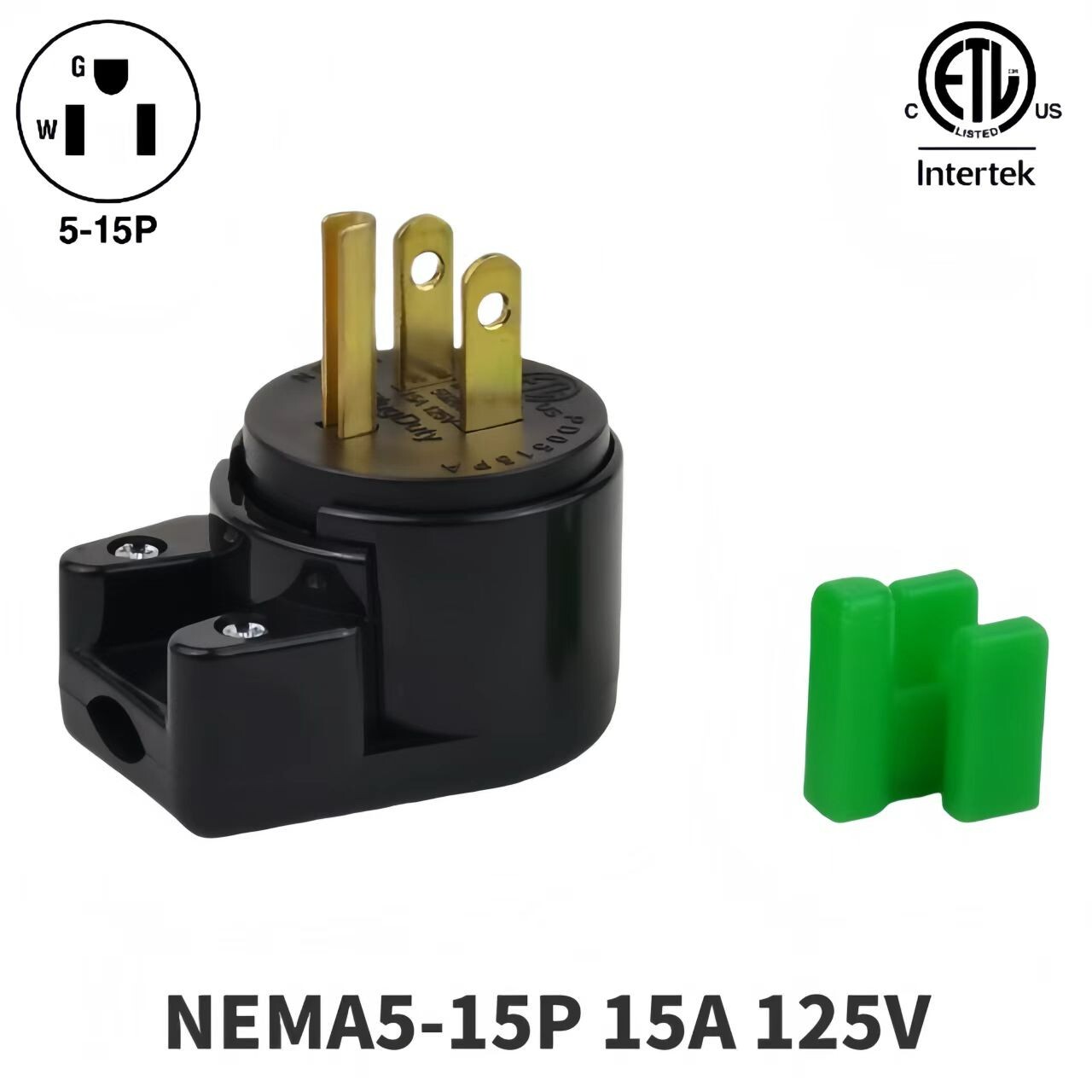 USA Canada 90 Degree Male Plug Nema 5-15P 3 Pole Angle DIY, 15A 125V ETL Listed