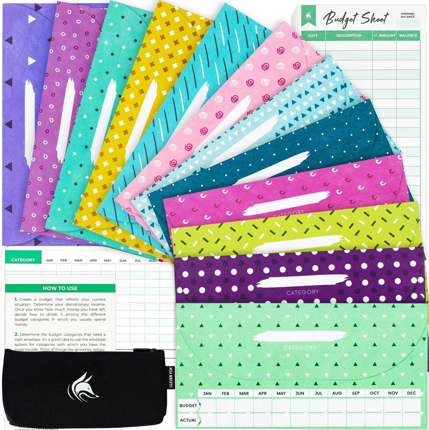 Clever Fox Cash Envelopes, 12 Pack Chic, Tear/Water-Resistant