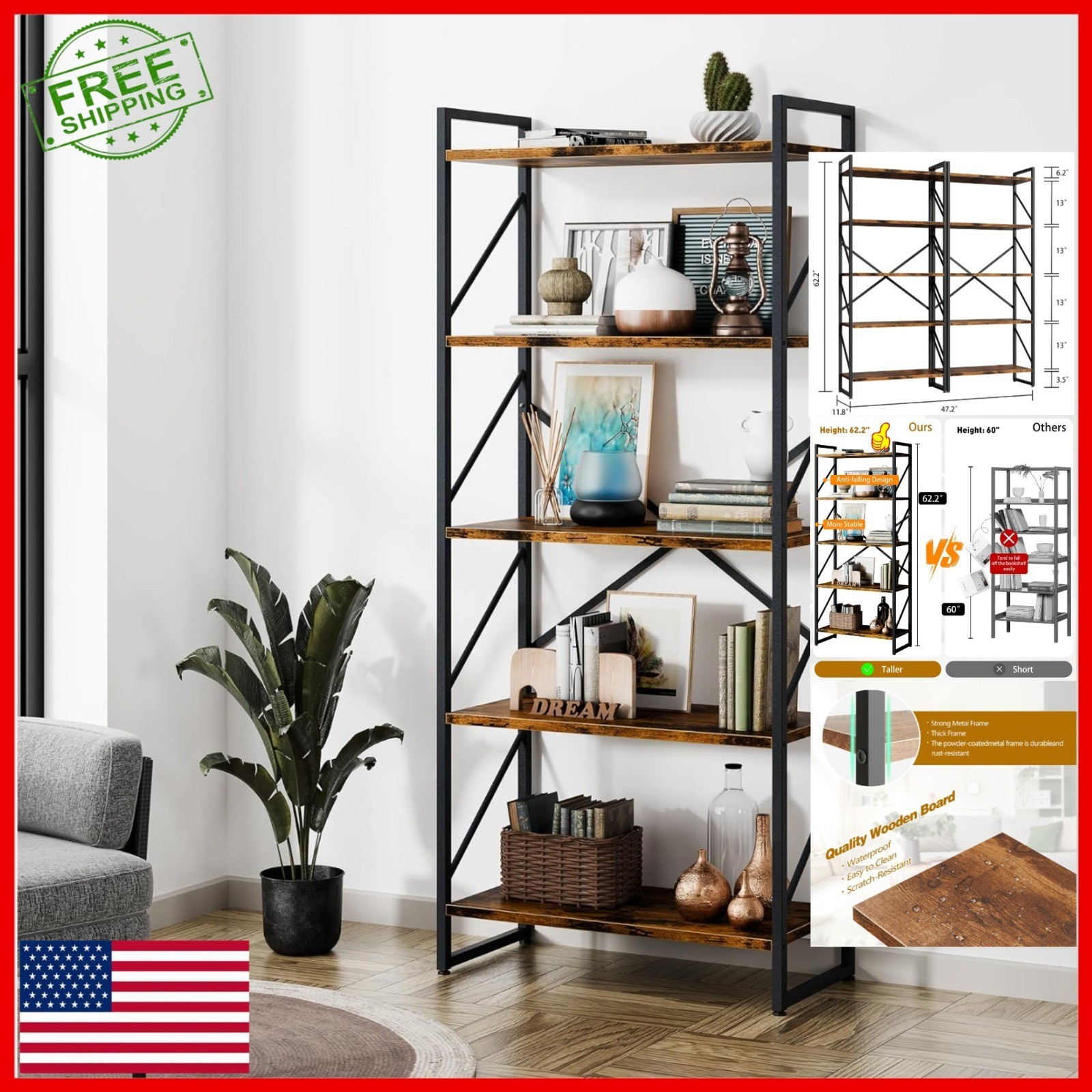 Shintenchi 5 Tier Bookshelf – Modern Industrial Bookcase for Home & Office