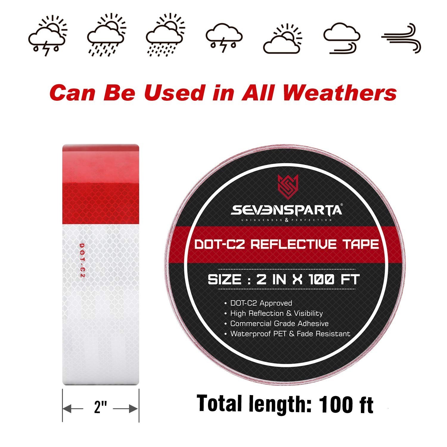 DOT-C2 Reflective Safety Tape 2 Inch x 200 Feet Red/White Conspicuity Tape fo…