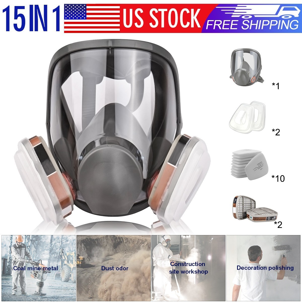 Full Face Gas Mask Painting Spraying Respirator W/Filters For 6800 Facepiece US