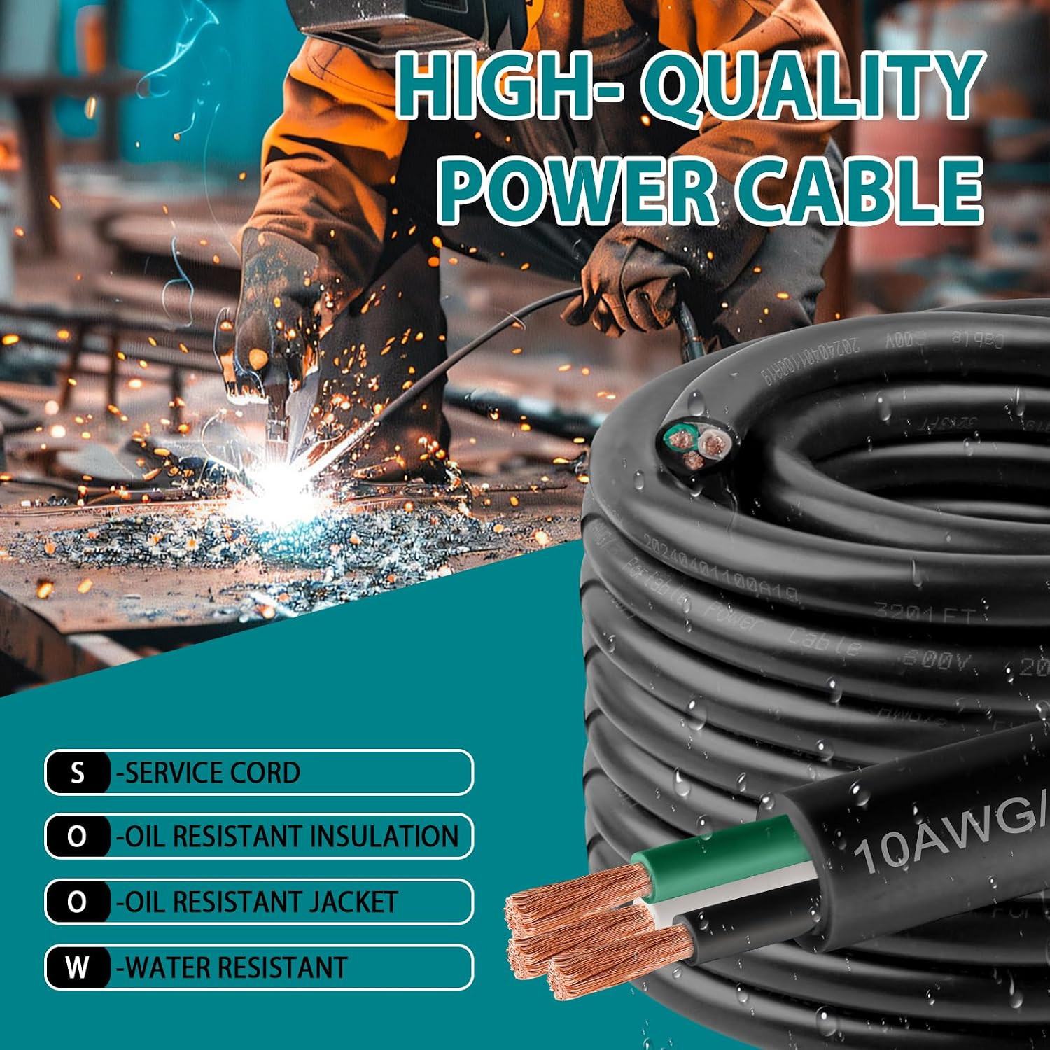 14/3 SOOW Wire 10FT, 14 AWG 600V SOOW Bulk Cable, 14 Gauge 3 Conductor Portable