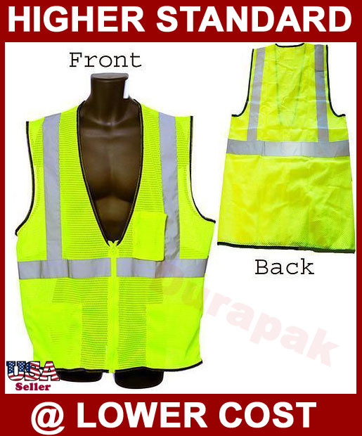 Safety Vest Class II Orange or Lime Green 2″ Silver Reflector Mesh Front Back