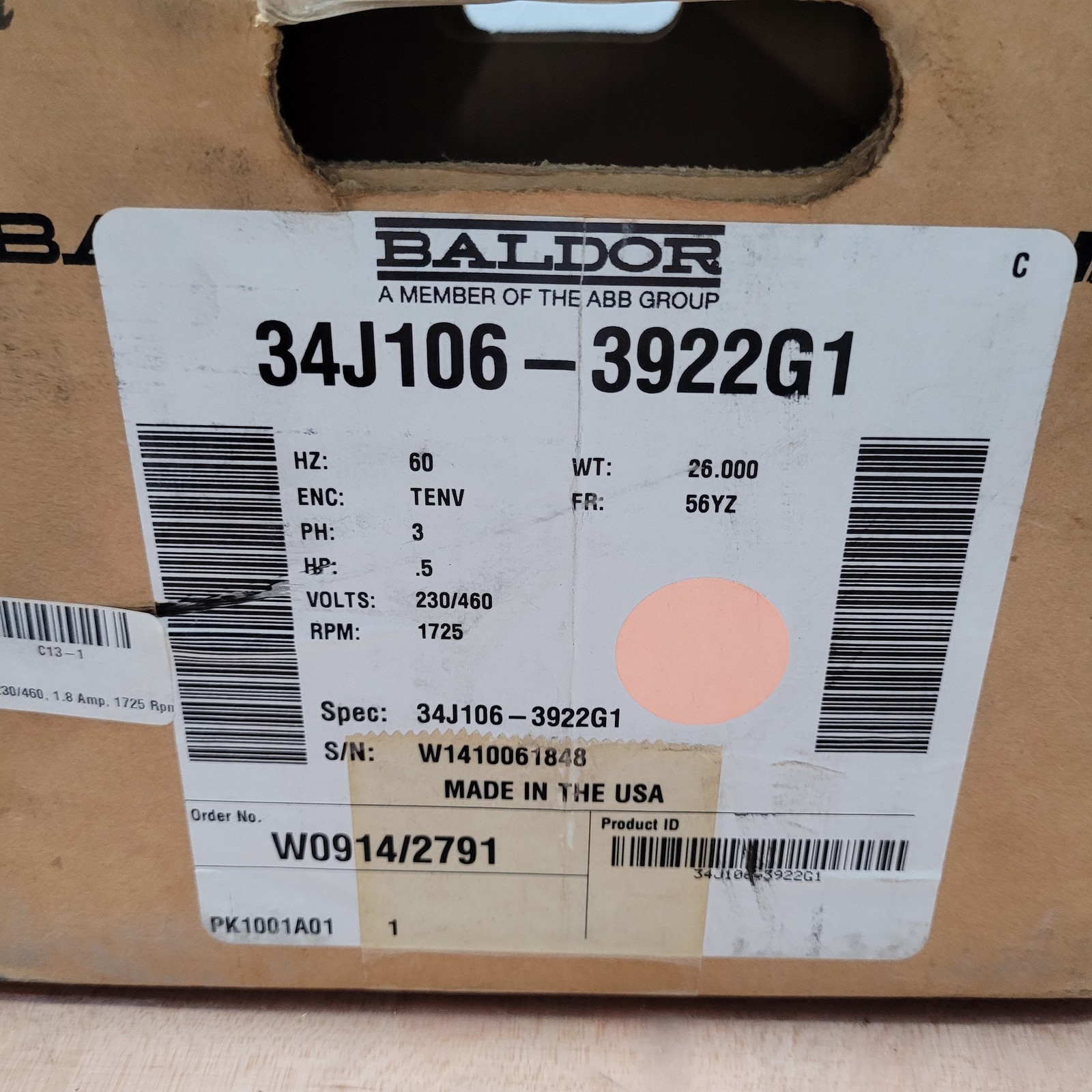 Baldor 34J106-3922G1 Motor, 3PH, 0.5HP, 1725RPM, 230/460V, 60Hz, 1.8/0.9A – NEW