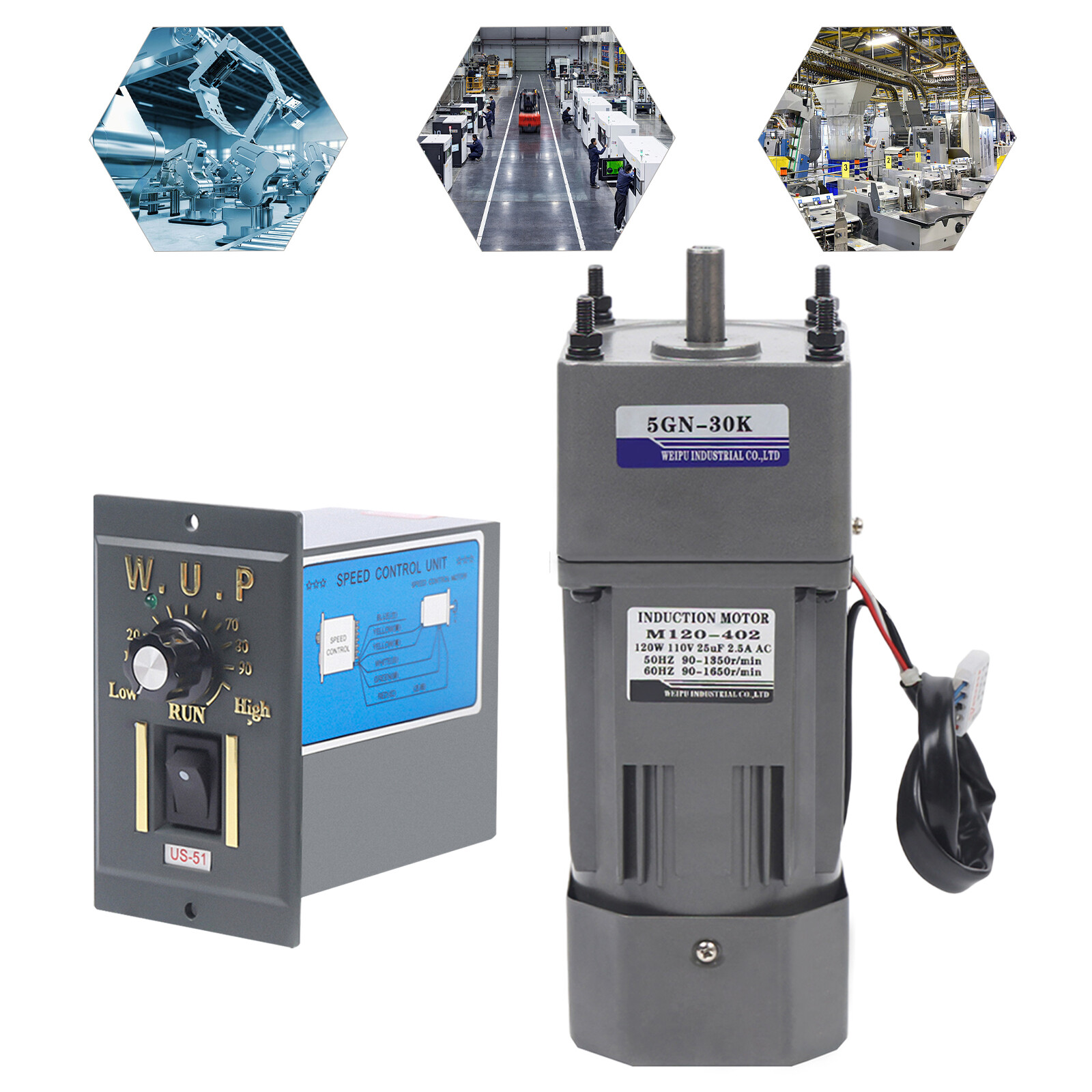AC Gear Motor Electric Motor Variable Speed Controller 0-45 RPM 1:30 110V 120W