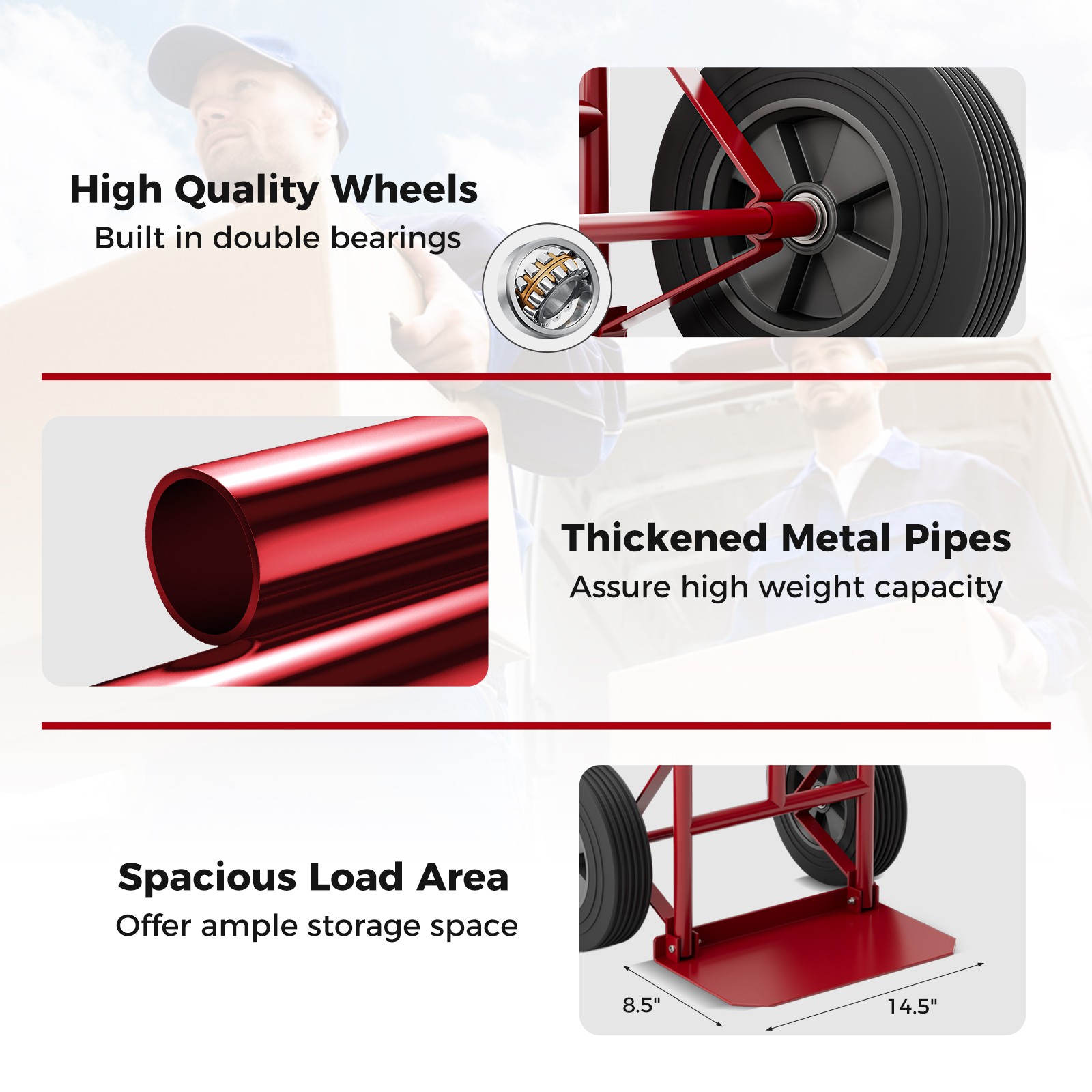 Heavy-Duty Hand Truck with P-Shaped Handle for Home Warehouse Garage Red