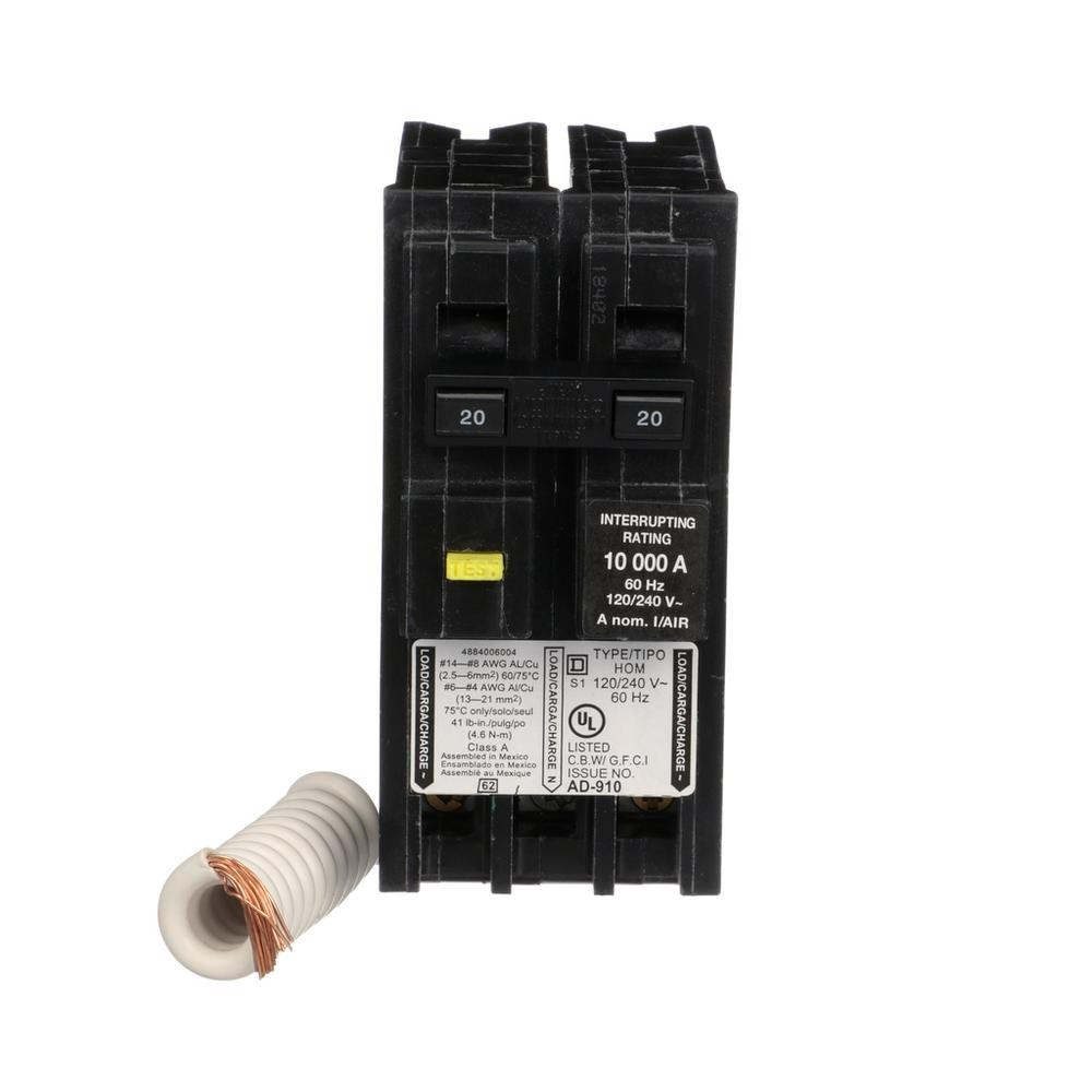 20 Amp 120/240 VAC 2 Pole Plug On GFCI Circuit Breaker Overload Protection
