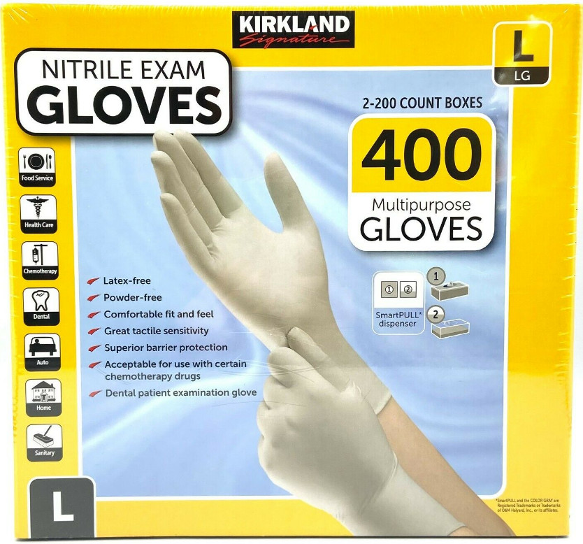 Kirkland Signature Nitrile Exam Powder-Free Exam Gloves – LARGE – 400 Count