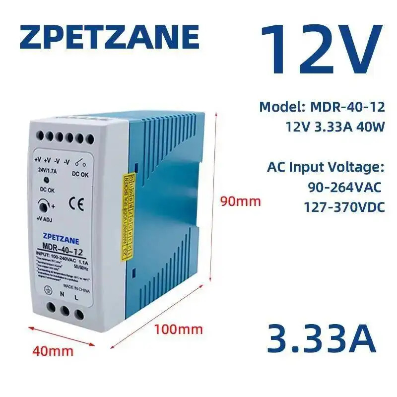 MDR-40W 60W DIN Rail Switching Power Supply SMPS 47-63Hz AC to DC 12V 24V Source