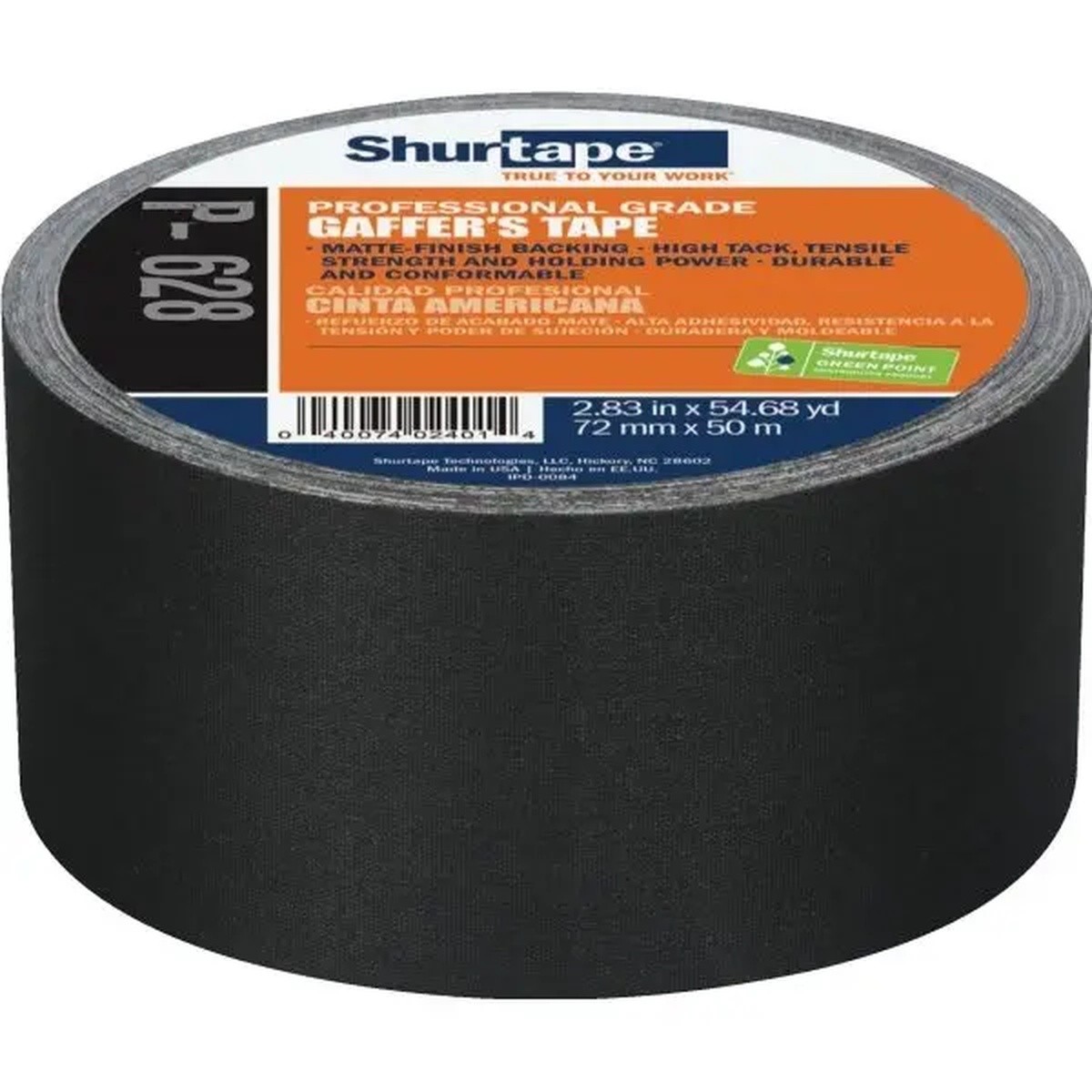 Shurtape 106065 P-628 Coated Gaffers Tape Roll Black Matte 3in x 55yd