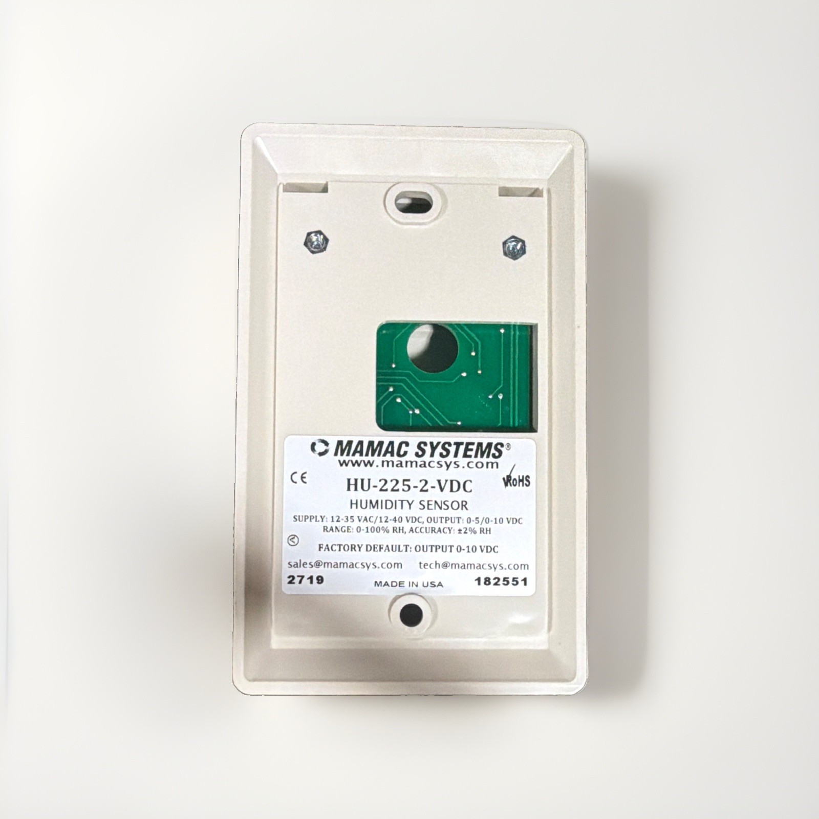 MAMAC Systems HU-225-2-VDC Humidity Sensor Transmitter, White #168/1