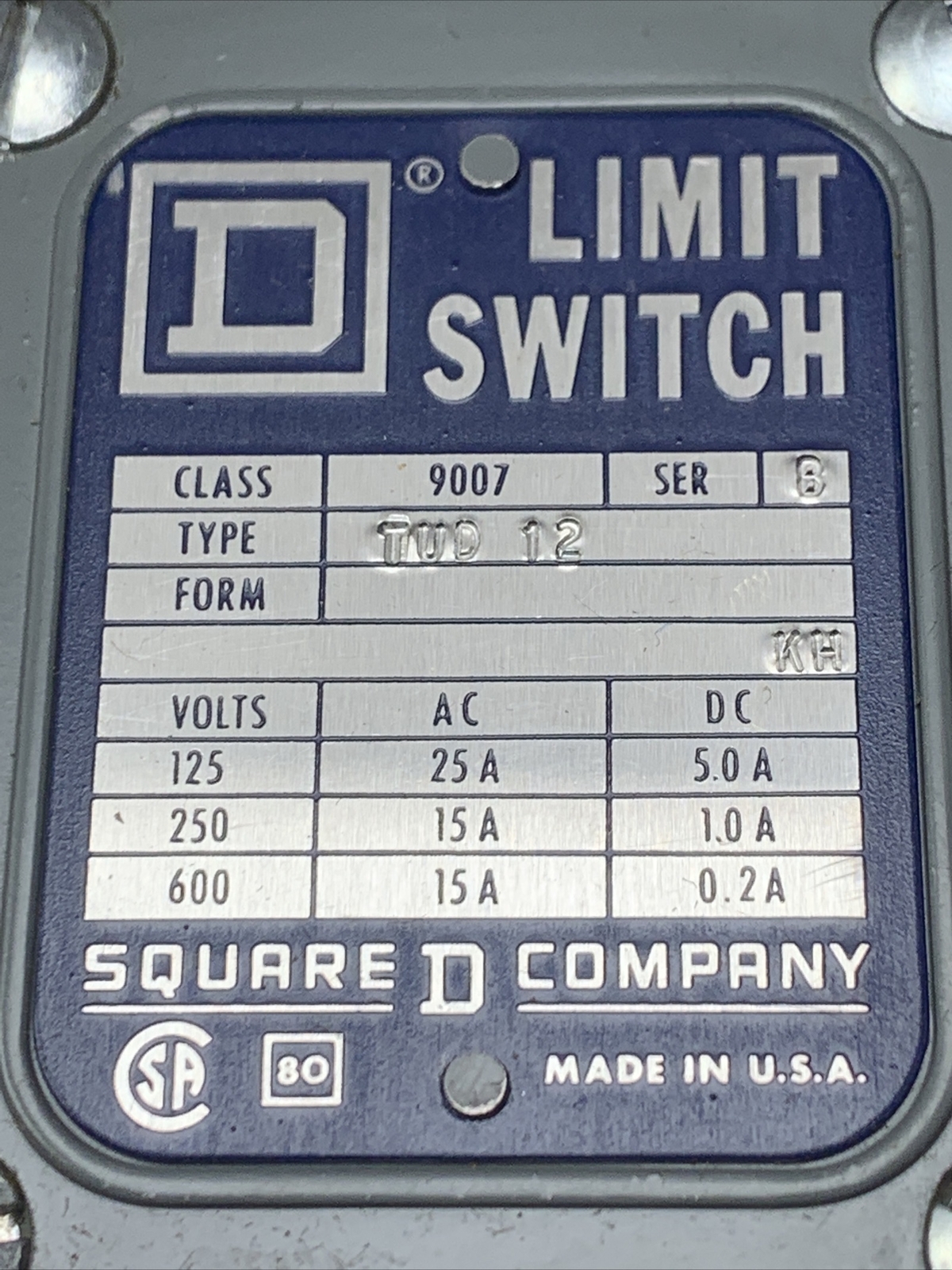 Square D 9007 TUD-12 Limit Switch 125/250/600v-ac/dc