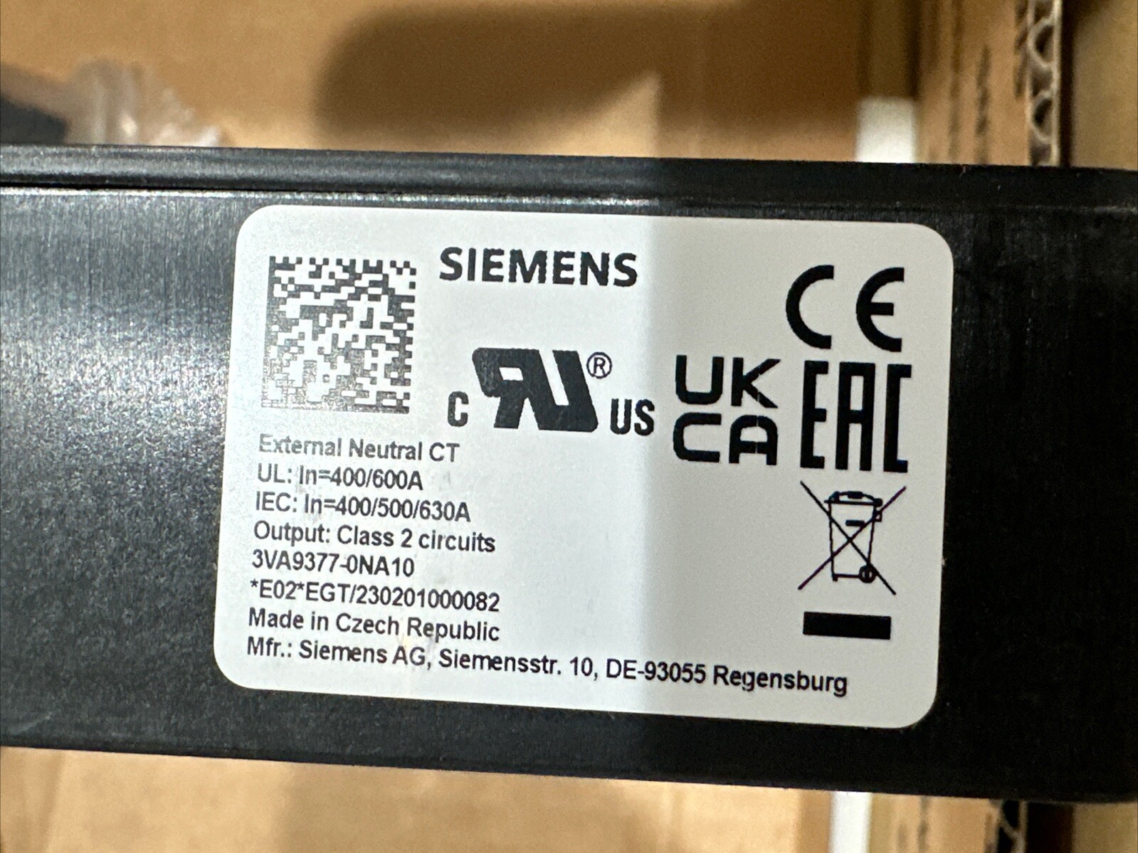 ⚡️Siemens 3VA9377-0NA10 External Neutral Current Transformer 400/600A⚡️