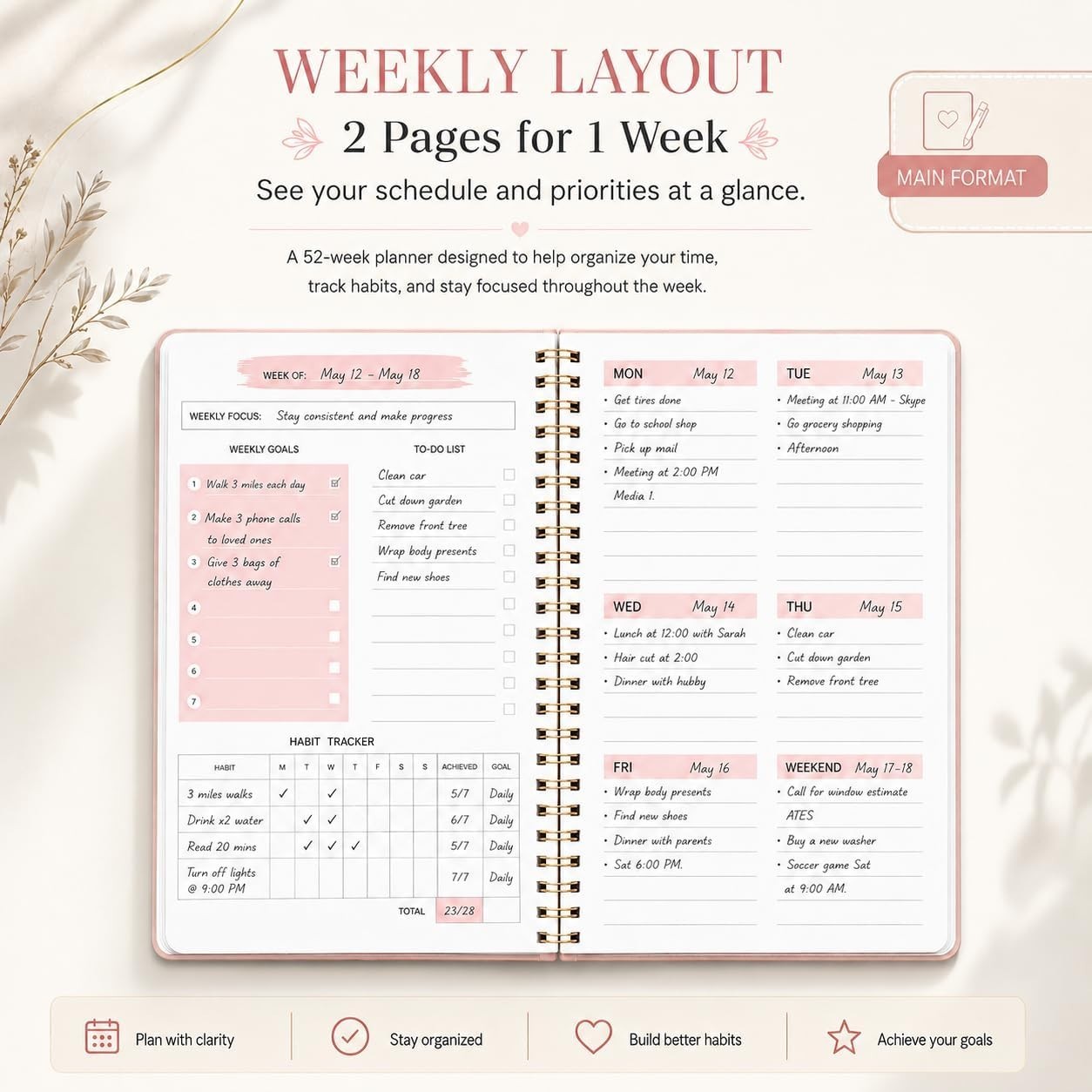 Compact 108-Page Weekly Planner: Habit Tracker & To-Do List with Lay-Flat Design